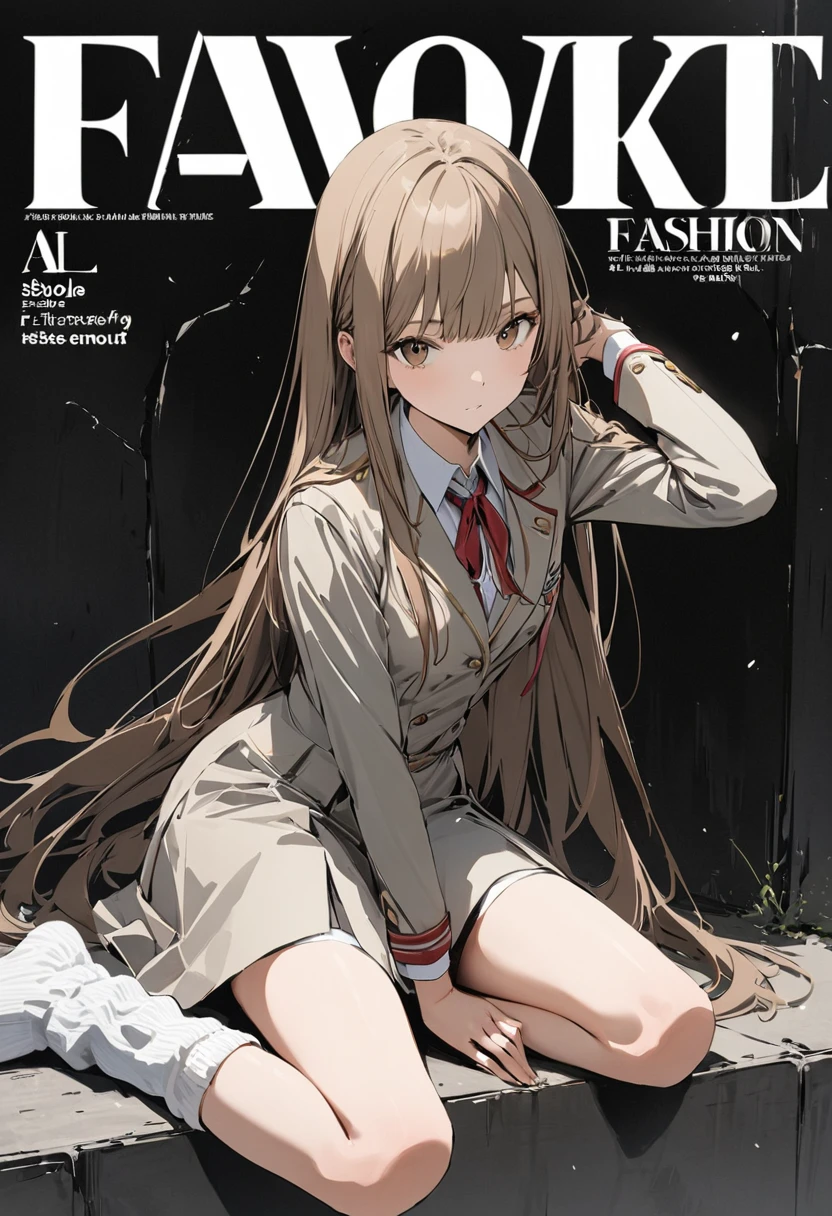 (cover of a fashion magazine),(favorite posing),(1 Highschool girl,uniform,slim,small breasts,long brown straight hair,Side bangs,Slope_eye),(loose socks),break,conceptual art, masterpiece, Super Detail, Attention to detail, high quality, highest quality, High resolution