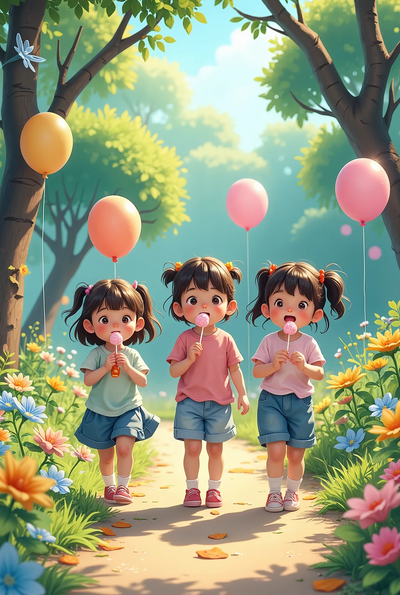 3 cute ***********s, eating lollipops while laughing, walking in the park while holding balloons elegant and cool, full body, masterpiece, high quality realistic, aesthetic photography, cool tone, 16K, bright colour, (( Ultra sharp focus, pure perfection, ((64k:1.37 )), more detail XL, )), enhanced all, detailed skin, high_resolution isometric, trending on artstation, kidz