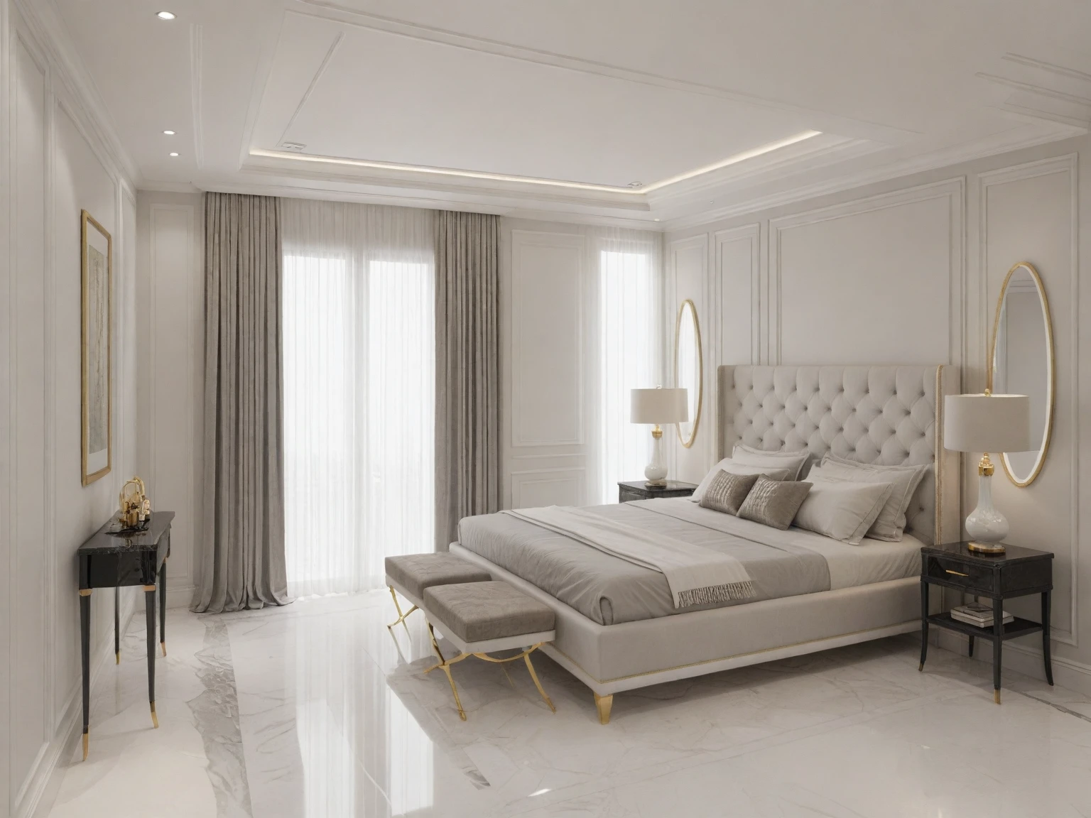 masterpiece, modern ((( bedroom : 1.3 ))) space, luxurious, aristocratic interior design, royal space, ((super detail :1.3))), neoclassical style design, neoclassical interior Modern blend, details, luxurious aristocratic neoclassical kitchen inside, luxurious marble floor, interior illustration, white, gray glossy floor ((1.2)),