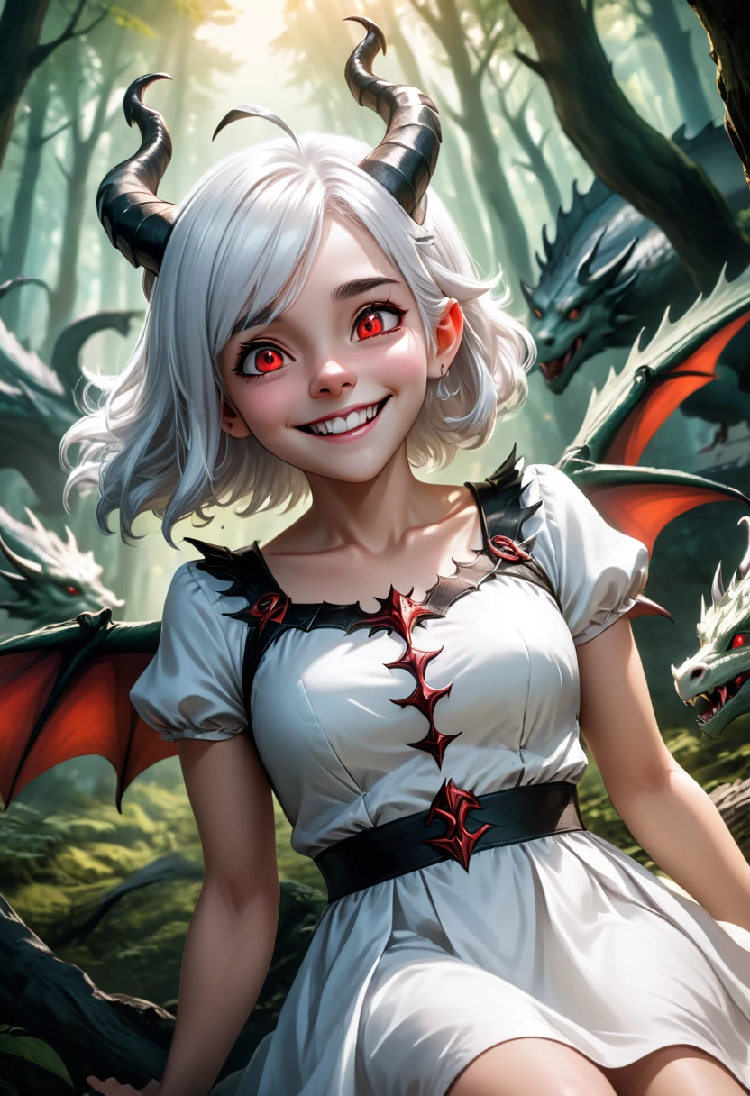 1girl, white hair, horns, beautiful smile, evil eyes, lying down, detailed face, skin tone, white dress, forest, flying dragons, realistic comic art, cinematic lighting, hyperdetailed, 8k, highres, masterpiece, photorealistic, physically-based rendering, dramatic lighting, cinematic composition, fantasy, concept art style, muted colors, dramatic shadows