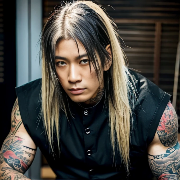 1 man, Japanese man, male, Asian eyes, muscular, broad shoulders, yakuza tattoos, hairstyle Visual Kei style, hair Visual Kei, black men's shirt and black pants, ultra detailed face, hyperrealistic, realistic representation, long hair, long hair, 40 years old, age 40 years, blonde hair