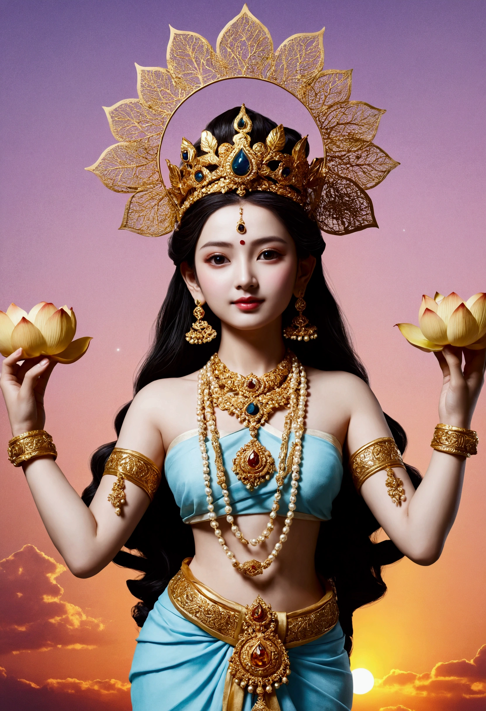 bird eye view, wide viewing angle, full body, Thai mythological characters wearing giant Thai Phi Phek mask heads. Dressed in minimal shiny gold clothing and accessories, she holds an iPad in her left hand and an Apple Pencil in her right hand. Her skin is light green. Sitting on your knees like a hero, surrounded by beautiful Thai smoke patterns. Emphasis on surreal nature There is a large eclipse moon as the background image. Realistic 64k..