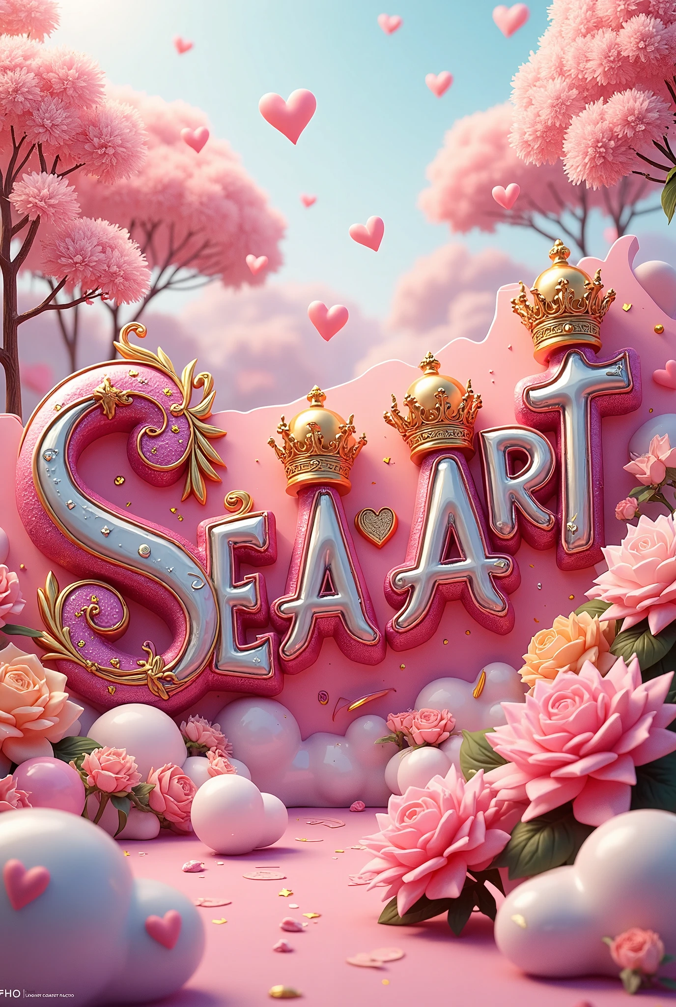 A stunning 3D illustration that masterfully portrays the name "SeaArt" in exquisite, opulent lettering. The vibrant font, crafted in fuchsia, pink, and white,is adorned with swirling patterns, hearts, and magnificent gold crowns on each letter, exuding a sense of royal grace and elegance. The composition gracefully leans towards the right, with various shapes adding depth and dimension, drawing the viewer into the artwork. The subtle, muted background harmonizes with the vibrant colors and intricate details, creating a visually pleasing balance. This captivating visual homage celebrates a beloved and cherished mother, highlighting the artist's exceptional talent and skill in seamlessly integrating photography, 3D rendering, and illustration., illustration, 3d render, graffiti, vibrant
