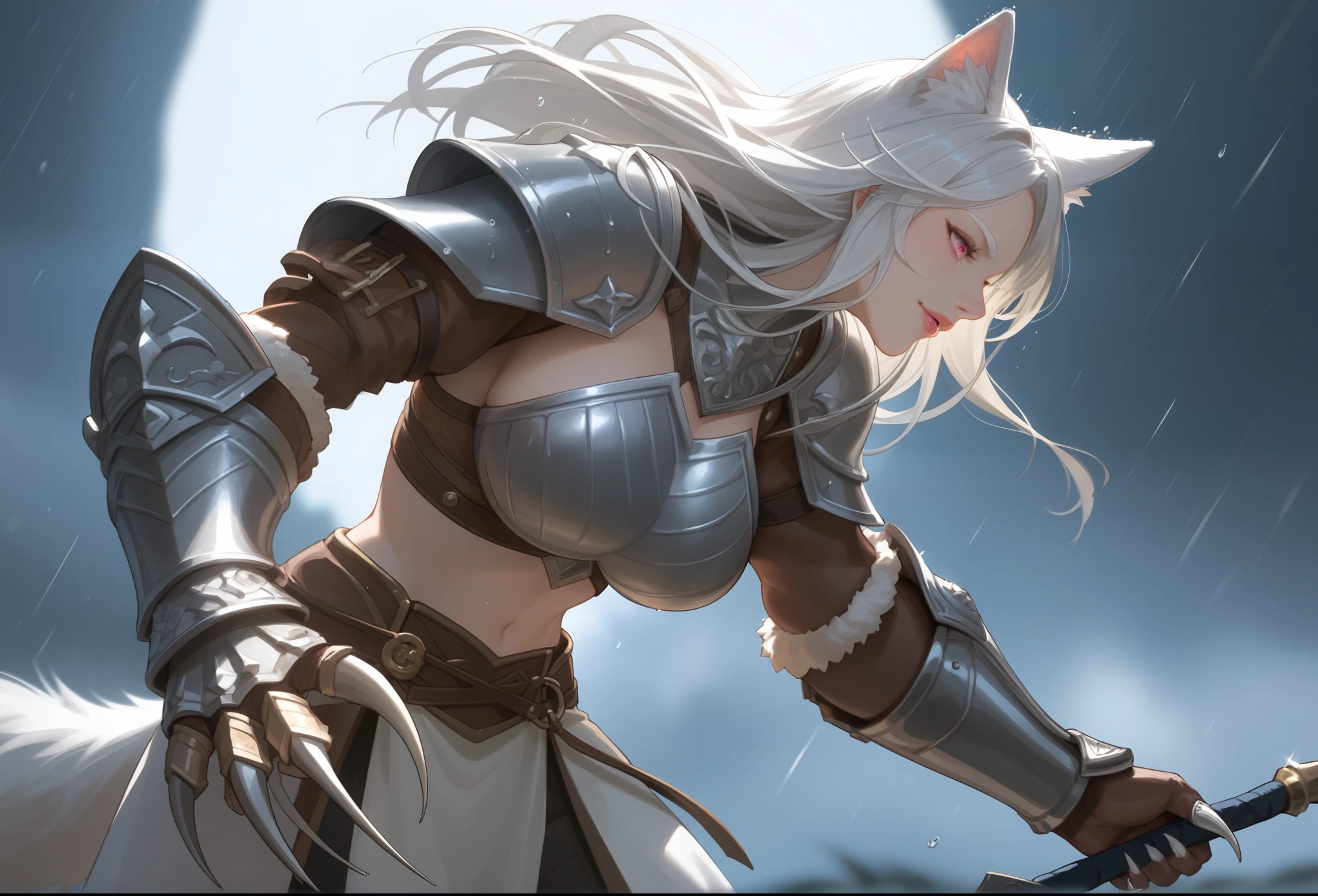 score_9, score_8_up, score_7_up, (1girl, solo, wolf girl, wolf ear, wolf tail, choco skin, brown skin, long silver natural hair with side-swept-hairstyle, pink eyes, white eyelash, white eyebrows, upper body, white hair, sagging huge breast), medieval clothes, viking armor, blurry, lips, raining, open-field war, Valhalla, dynamic angle, vibrant color, dramatic, no-nsfw, full body, (dramatic-running, dodging arrows, claw, armored-claw), diagonal-shot, close up