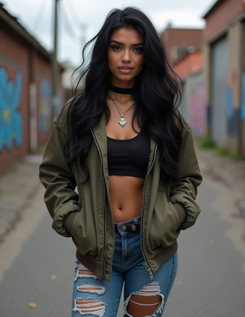 Arafed woman in a black top and jeans standing on a street - SeaArt AI