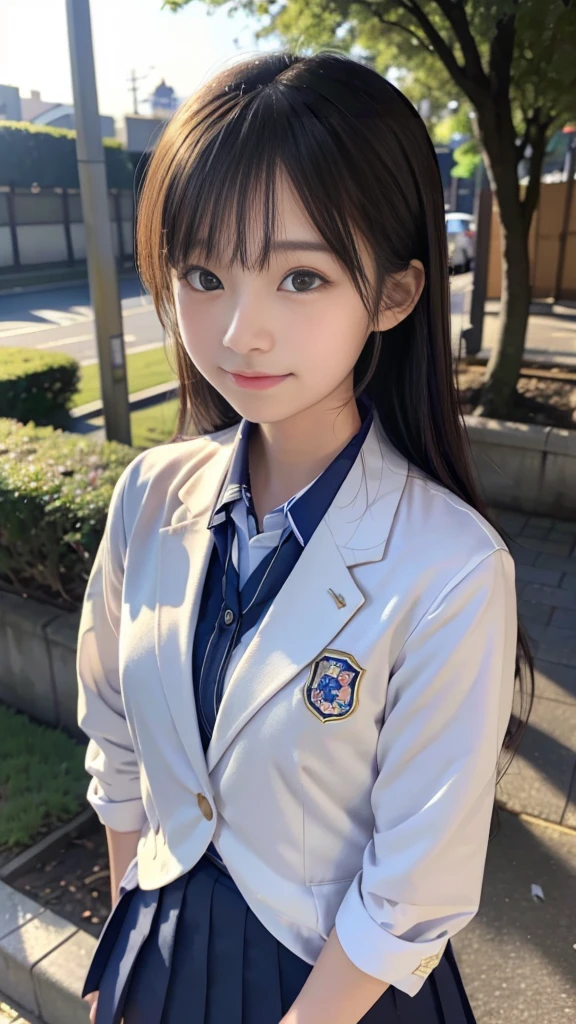 A standing girl whose whole body is reflected、highest quality、face focus、soft light、(Depth of bounds written)、Super high resolution、School Uniform、JK、high school girl uniform、(Photoreal:1.4)、Raw photo、(on lap:1.4)、standing position, (full of embarrassment、laughter:1.1)、(brown eyes)、detailed beautiful face、(hair length)、high angle shot、center view、Two arafe asian women standing on a neon street at midnight、Phenomenally cute girl、japanese girl、surreal high school girl、high school girl pose、Full body Esbian、nice skin、glowing skin、nice thighs、Shining thighs、shining legs、on lapの黒いハイソックス、Japanese high school 、Nogizaka Idol、korean idol、please invite me inside、((inviting eyes))