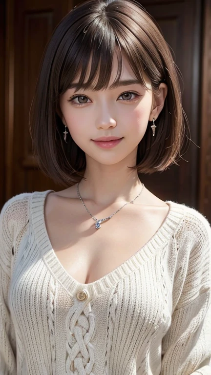 Highest quality、Masterpiece、High resolution、realistic lighting、photo、photorealistic、realistic eyes、1 japanese girl、jpn-girl、bangs、short hair、large breasts,、(A shy smile:1.2)、One Woman、Cleavage、age、sweater vest