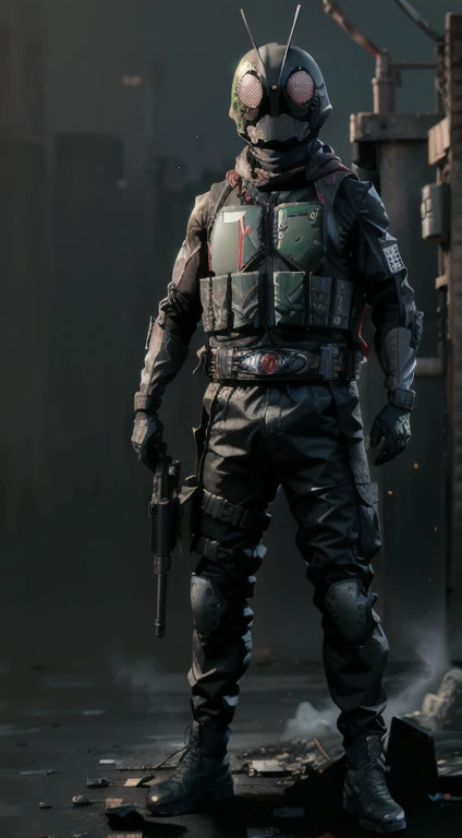 ((kamen rider, shinkr, tactical vest, techwear jacket)), dressed in ((grey FROG suit)), standing in cyberpunk city, holding weapon, holding gun, rifle, handgun, assault rifle, wearing epTactical, (standing), (turn around), full body detailed, detailed hands, good fingers, good hands, good legs, red scarf, low hood, ruins, floating, explosion, debris, some fire and glitter background, ultra hd, ultra realistic texture, (flare lens:1.2), (long shot:0.9)