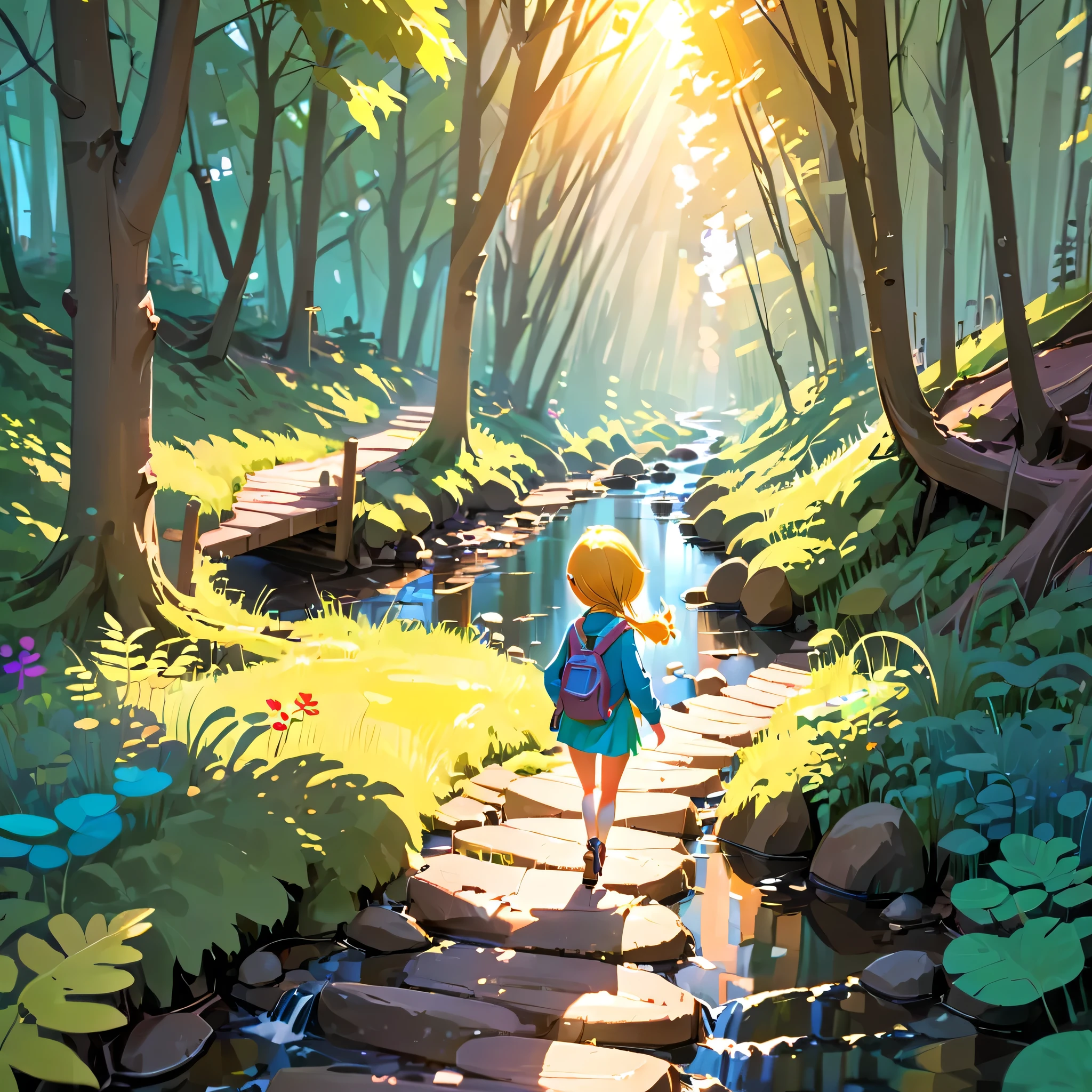 Colorful 3D cartoon girl walking down a forest path with sunlight filtering through the trees and a stream