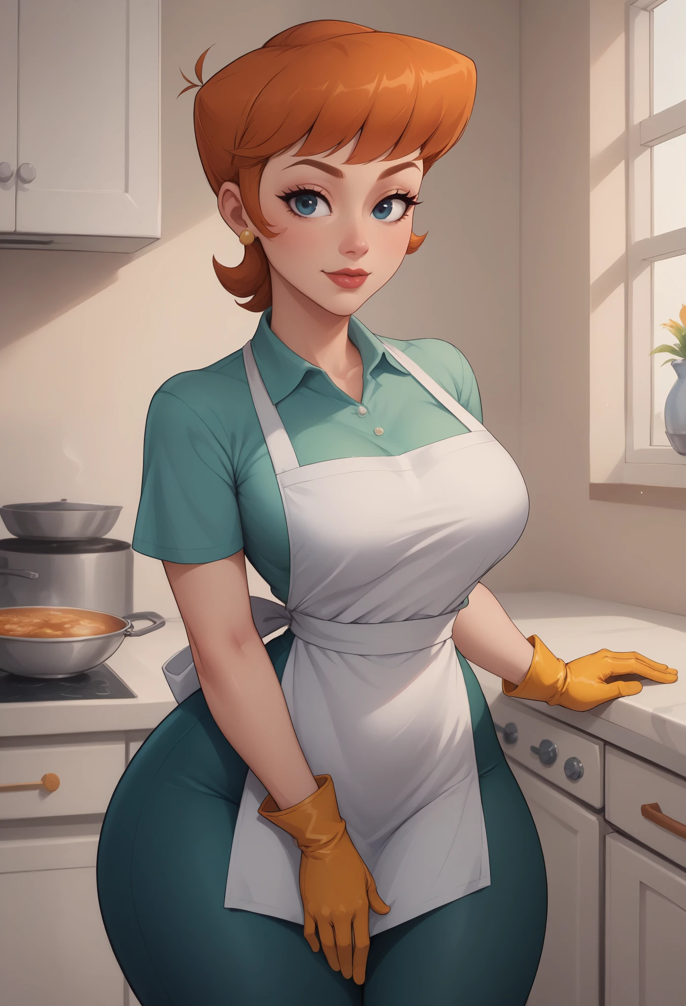 score_9, score_8_up, score_7_up, BREAK, 1girl, solo, breasts,  dextersmom, makeup, jewelry, gloves, shirt, apron, kitchen, upper body, portrait, mature female, simple background, thick thighs, wide hips, big ass, showing buttcrack slightly, showing big butt, bend over,