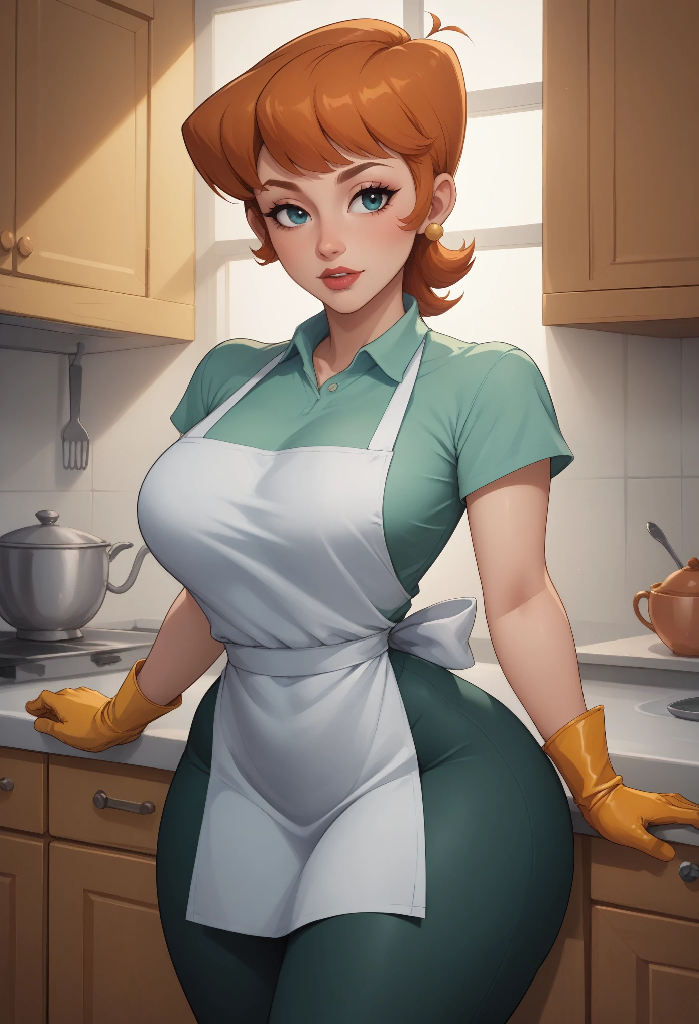 score_9, score_8_up, score_7_up, BREAK, 1girl, solo, breasts,  dextersmom, makeup, jewelry, gloves, shirt, apron, kitchen, upper body, portrait, mature female, simple background, thick thighs, wide hips, big ass, showing buttcrack slightly, showing big butt, bend over,