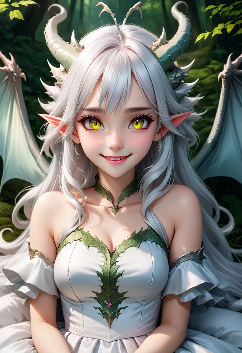 Beautiful and elegant dragon girl with long silvery white hair and dragon horns lying on a soft pillow, looking down at the camera with an evil and beautiful smile, realistic manga style, 1 girl, white skin, white dress , dragon wings on forest background, (best quality, 4k, 8k, high resolution, masterpiece: 1.2), ultra-detailed, (photorealistic, photorealistic: 1.37), extremely detailed eyes and face, beautiful Detailed lips, beautiful detailed eyes, long eyelashes, vibrant colors, studio lighting, physically based rendering