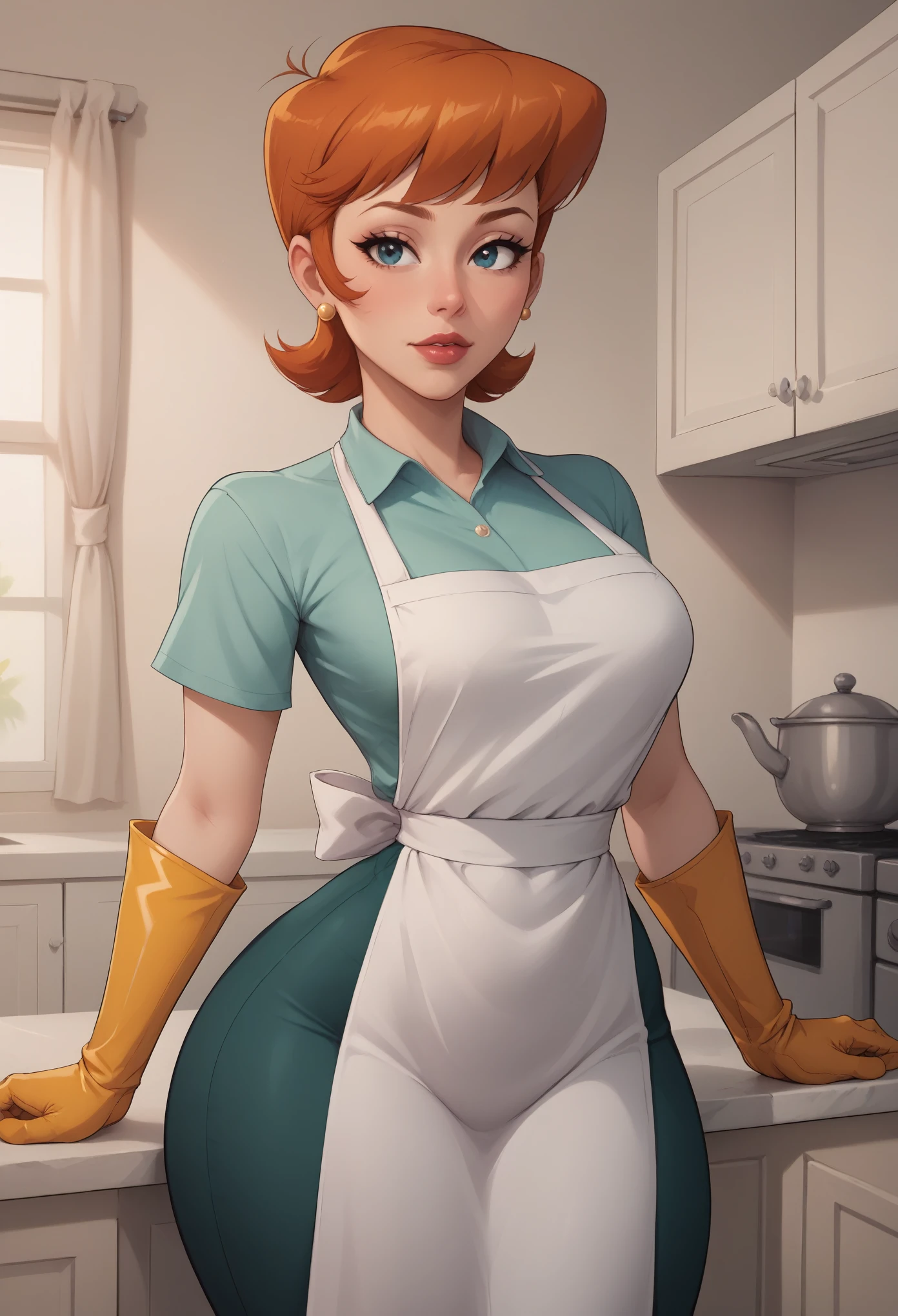 score_9, score_8_up, score_7_up, BREAK, 1girl, solo, breasts,  dextersmom, makeup, jewelry, gloves, shirt, apron, kitchen, upper body, portrait, mature female, simple background, thick thighs, wide hips, big ass, showing buttcrack slightly, showing big butt, bend over,