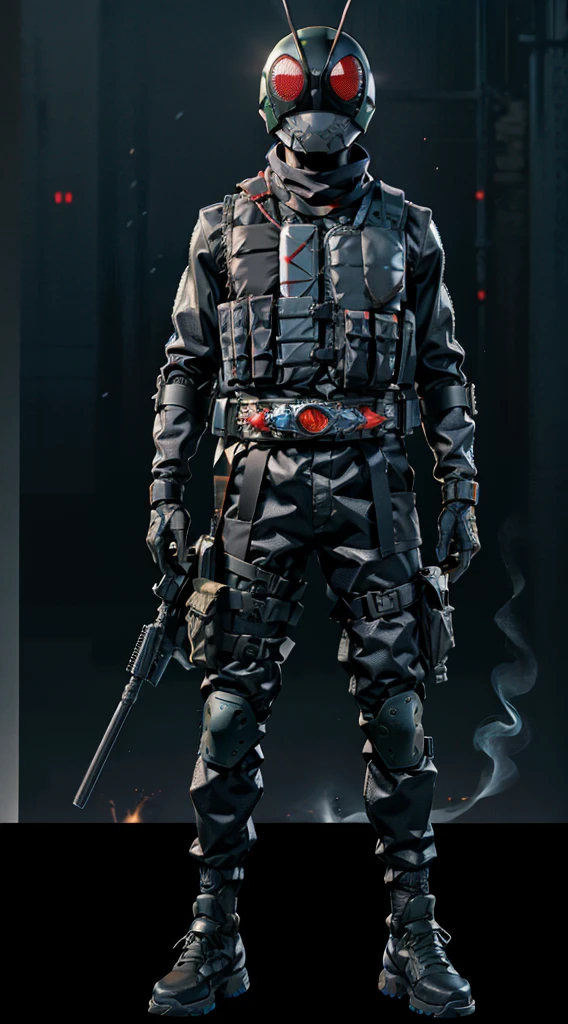 ((kamen rider, shinkr, tactical vest, techwear jacket)), dressed in ((grey FROG suit)), standing in cyberpunk city, holding weapon, holding gun, rifle, handgun, assault rifle, wearing epTactical, (standing), (turn around), full body detailed, detailed hands, good fingers, good hands, good legs, red scarf, low hood, ruins, floating, explosion, debris, some fire and glitter background, ultra hd, ultra realistic texture, (flare lens:1.2), (long shot:0.9)