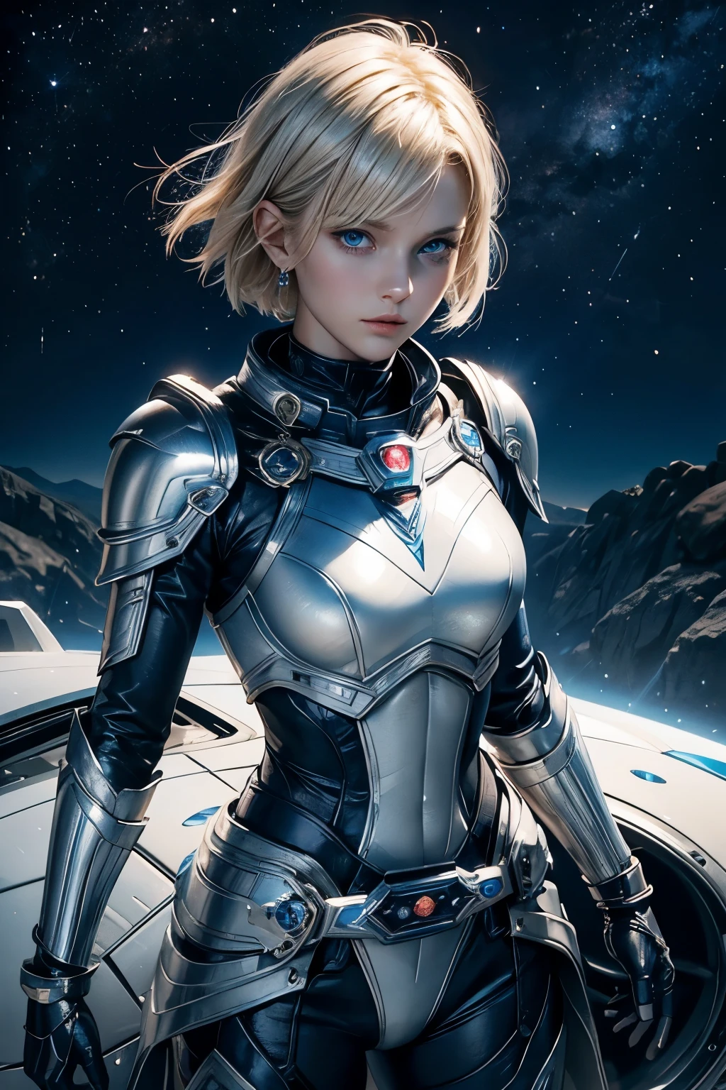 A beautiful woman with blonde hair and blue eyes is sitting in a luxurious command seat inside a spaceship. her hair is short. She wears a silver battle uniform, with something on her waist reminiscent of Kamen Rider's transformation belt. She's inside a spaceship. 8K image quality.