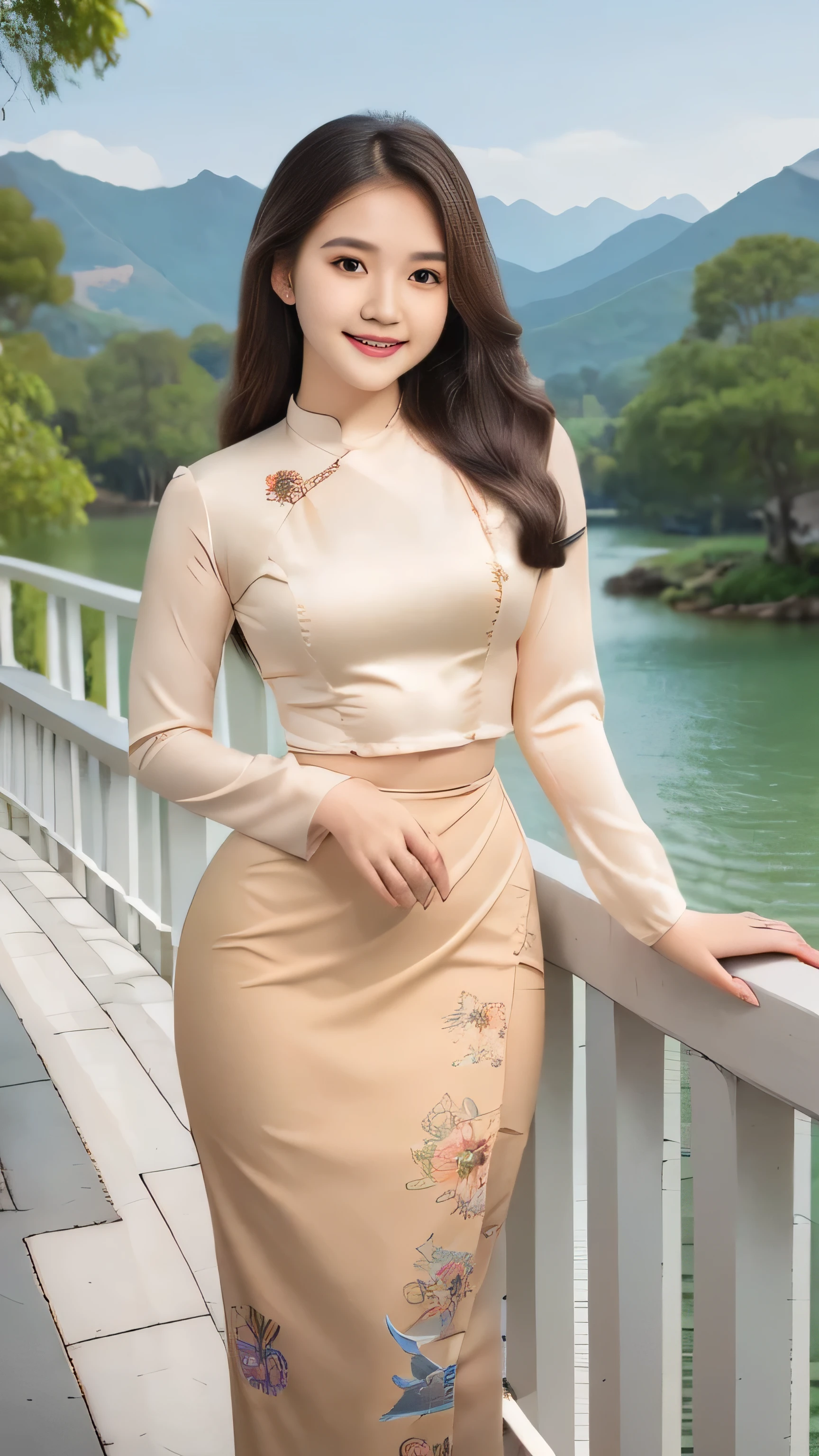 Burmese young women with long hair and beautiful curvaceous bodies that attract the attention of everyone who sees them. Small waist / big butt, the owner of a beautiful smile, the person who gives the most beautiful smile to the viewer Civilized dress, floral Burmese dress, a Burmese pagoda on the hill in the background 3d HD HD Burmese girl with attractive curvy full body. Friends full-length bikini, (green dress) reflective long dress painted with flower patterns, only dress. In the background, mountains of natural beauty, her smiling face hi gh hips High resolution High resolution natural background High resolution HD 3D, 8K cartoon anime