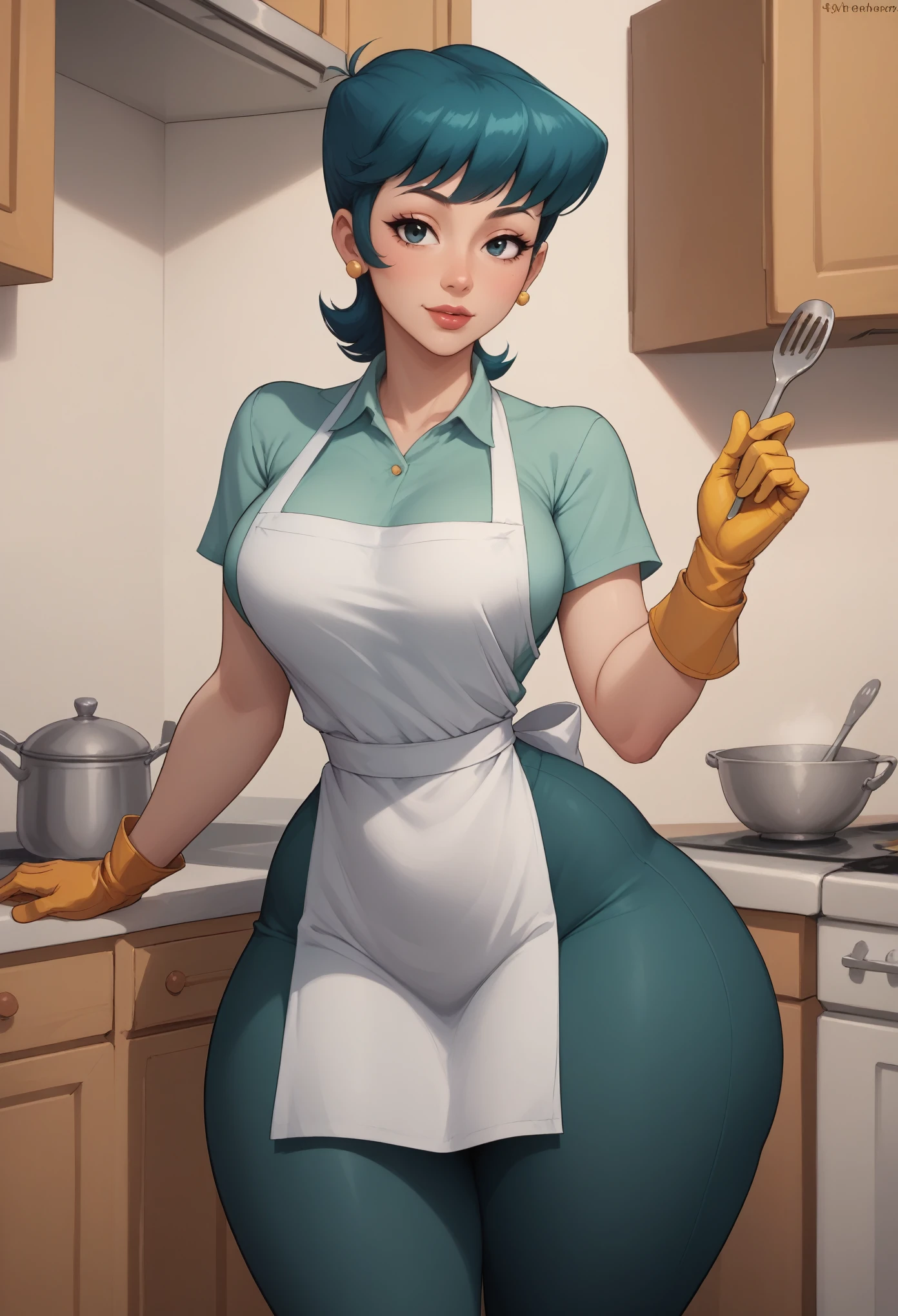 score_9, score_8_up, score_7_up, BREAK, 1girl, solo, breasts,  dextersmom, makeup, jewelry, gloves, shirt, apron, kitchen, upper body, portrait, mature female, simple background, thick thighs, wide hips, big ass, showing buttcrack slightly, showing big butt, bend over,