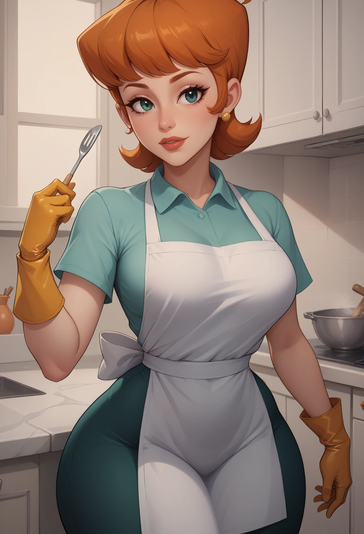 score_9, score_8_up, score_7_up, BREAK, 1girl, solo, breasts,  dextersmom, makeup, jewelry, gloves, shirt, apron, kitchen, upper body, portrait, mature female, simple background, thick thighs, wide hips, big ass, showing buttcrack slightly, showing big butt, bend over,