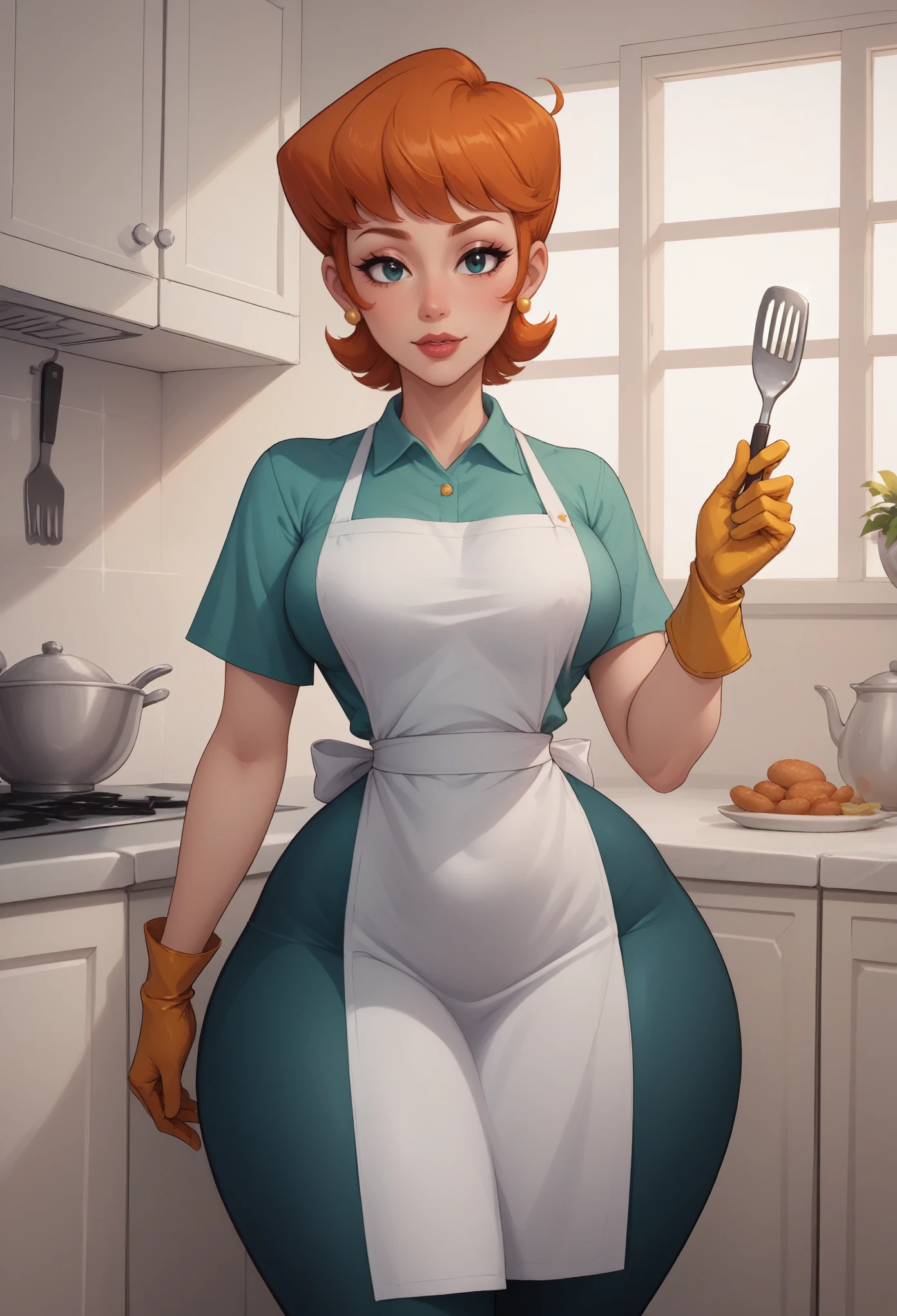 score_9, score_8_up, score_7_up, BREAK, 1girl, solo, breasts,  dextersmom, makeup, jewelry, gloves, shirt, apron, kitchen, upper body, portrait, mature female, simple background, thick thighs, wide hips, big ass, showing buttcrack slightly, showing big butt, bend over,