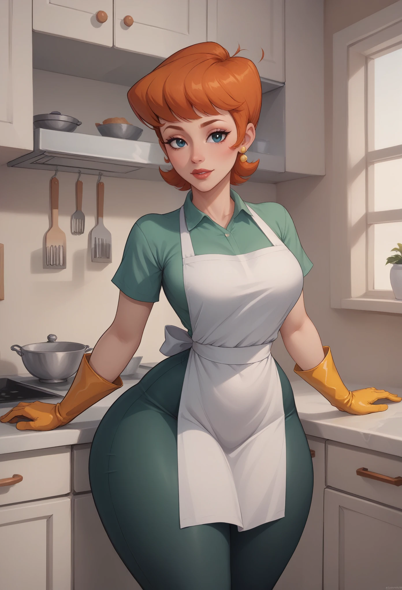 score_9, score_8_up, score_7_up, BREAK, 1girl, solo, breasts,  dextersmom, makeup, jewelry, gloves, shirt, apron, kitchen, upper body, portrait, mature female, simple background, thick thighs, wide hips, big ass, showing buttcrack slightly, showing big butt, bend over,