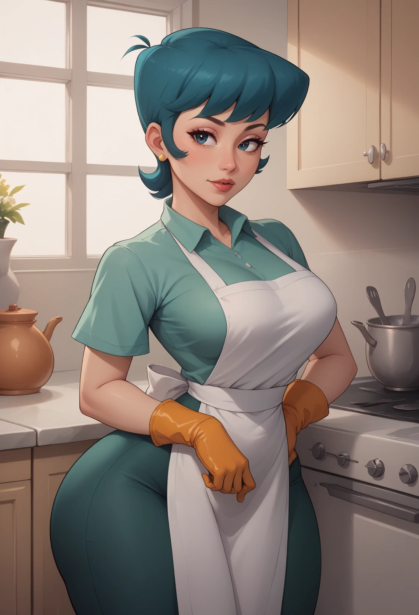 score_9, score_8_up, score_7_up, BREAK, 1girl, solo, breasts,  dextersmom, makeup, jewelry, gloves, shirt, apron, kitchen, upper body, portrait, mature female, simple background, thick thighs, wide hips, big ass, showing buttcrack slightly, showing big butt, bend over,