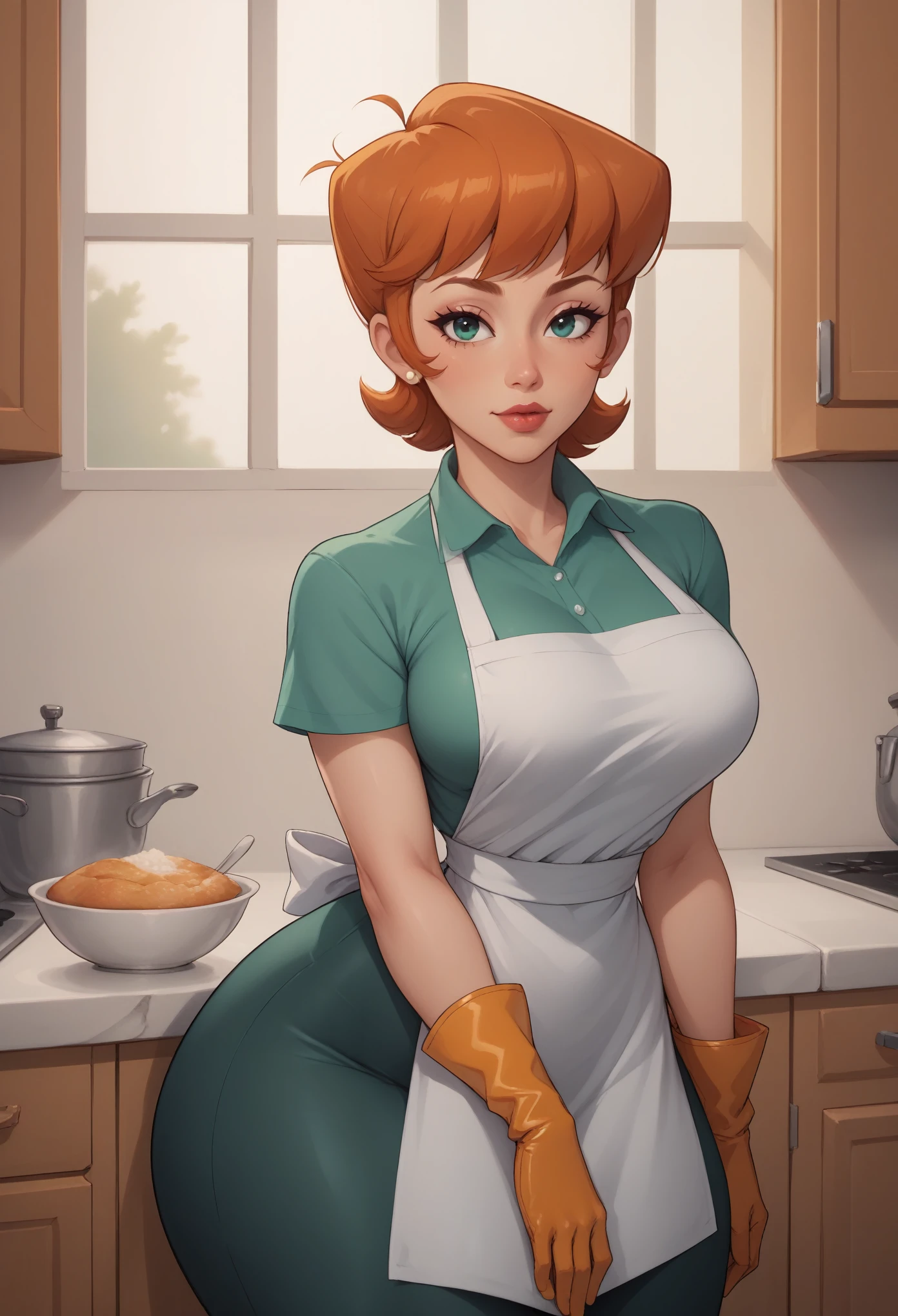 score_9, score_8_up, score_7_up, BREAK, 1girl, solo, breasts,  dextersmom, makeup, jewelry, gloves, shirt, apron, kitchen, upper body, portrait, mature female, simple background, thick thighs, wide hips, big ass, showing buttcrack slightly, showing big butt, bend over,