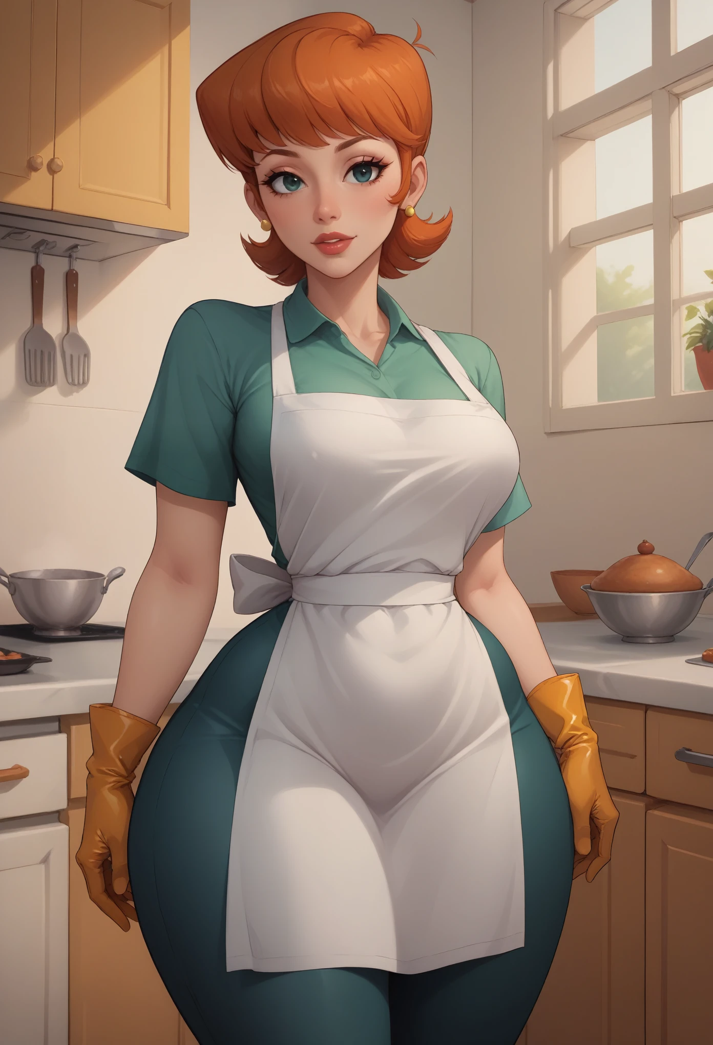 score_9, score_8_up, score_7_up, BREAK, 1girl, solo, breasts,  dextersmom, makeup, jewelry, gloves, shirt, apron, kitchen, upper body, portrait, mature female, simple background, thick thighs, wide hips, big ass, showing buttcrack slightly, showing big butt, bend over,