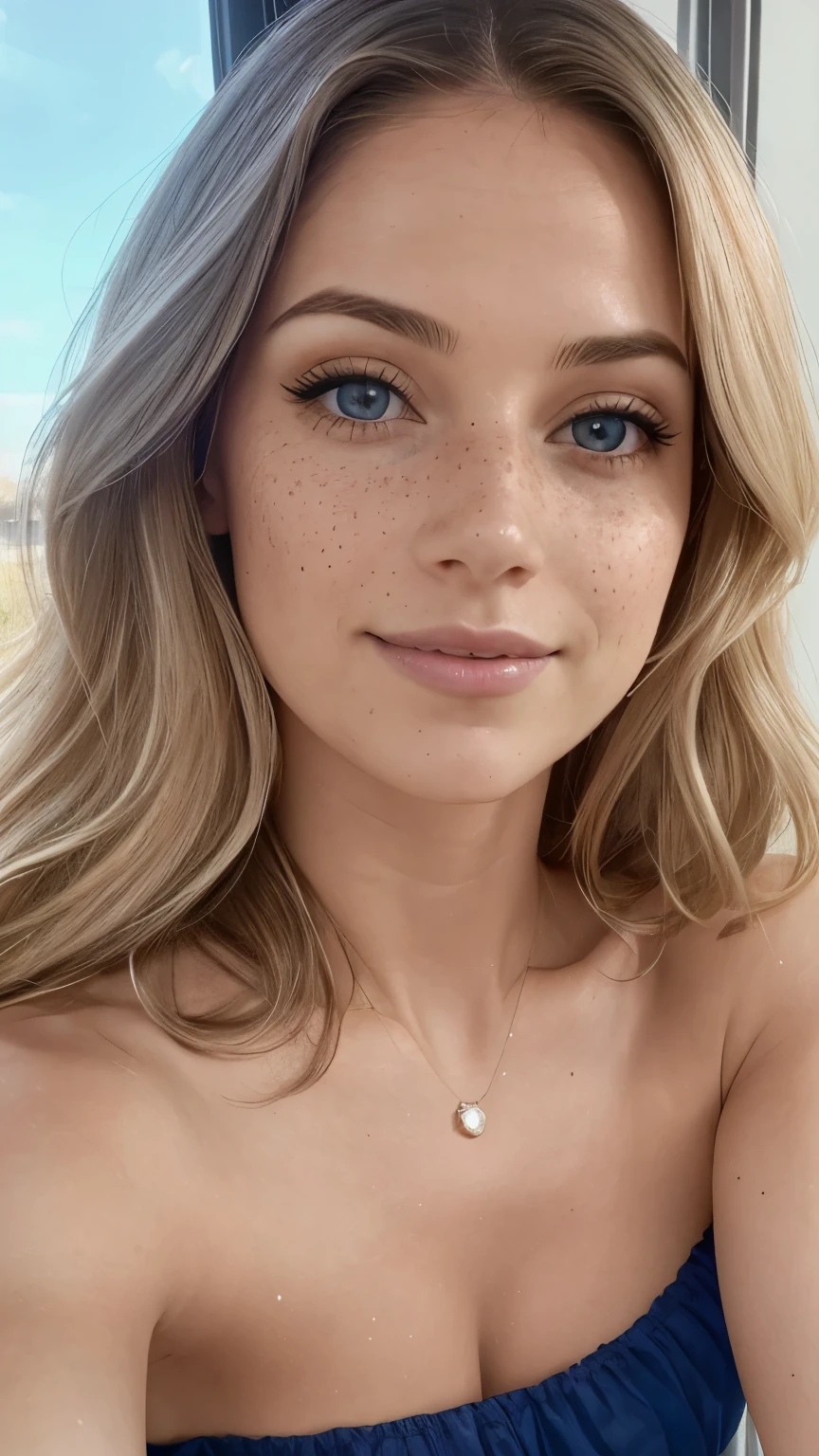 Woman, americana, Age 30, pale skin and freckles, gray eyes, delicate nose, soft and delicate lips, far away, blondie far away and wavy waist length hair, sweet smile, face with delicate feminine facial features, highly rendered, strapless BLUE navy, colar e pulseira dourada, passando Batom vermelho nos lábios da boca, toda sexy, diante de um espelho