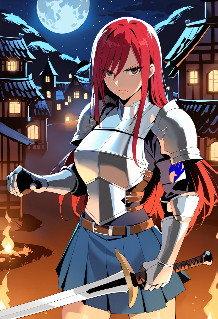 Erza, holding sword, serious, brown eyes, pauldrons,blue skirt, tattoo, gloves, breastplate, 1girl, gauntlets, belt,pleated skirt, holding weapon, red hair, shoulder armor, looking at viewer, night time, full moon, village, torches, 
,masterpiece, best quality,animerza