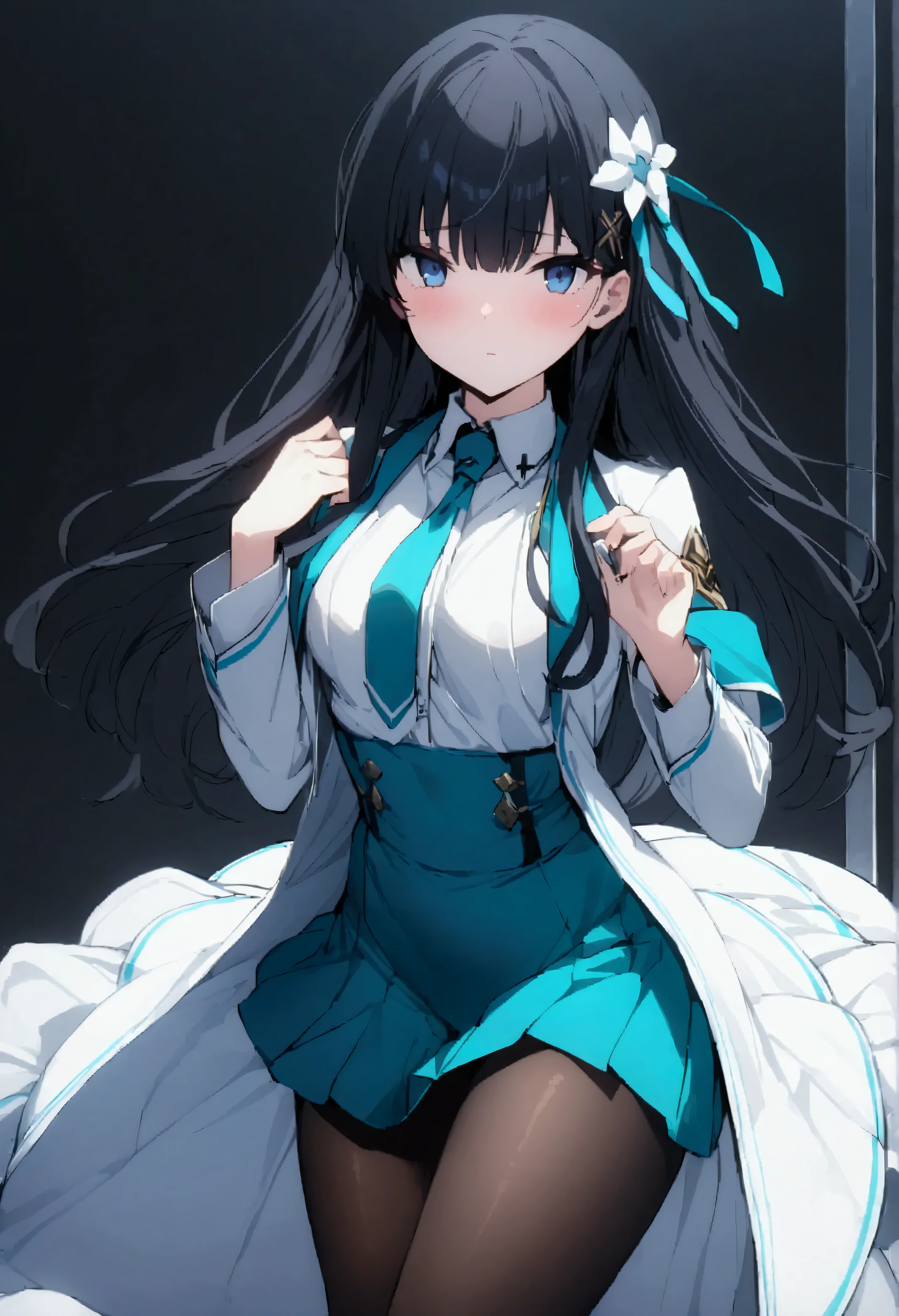 NSFW,masterpiece,Best Quality,High resolution,Very detailed,Shiba Miyuki\(The Irregular at Magic High School\),Long Hair、blue eyes、Black Hair、Hair accessories、ribbon、ヘアribbon、雪の結晶のHair accessories、bangs、鈍いbangs、Long sleeve、dress、uniform、pantyhose、tie、白いdress、黒いtie