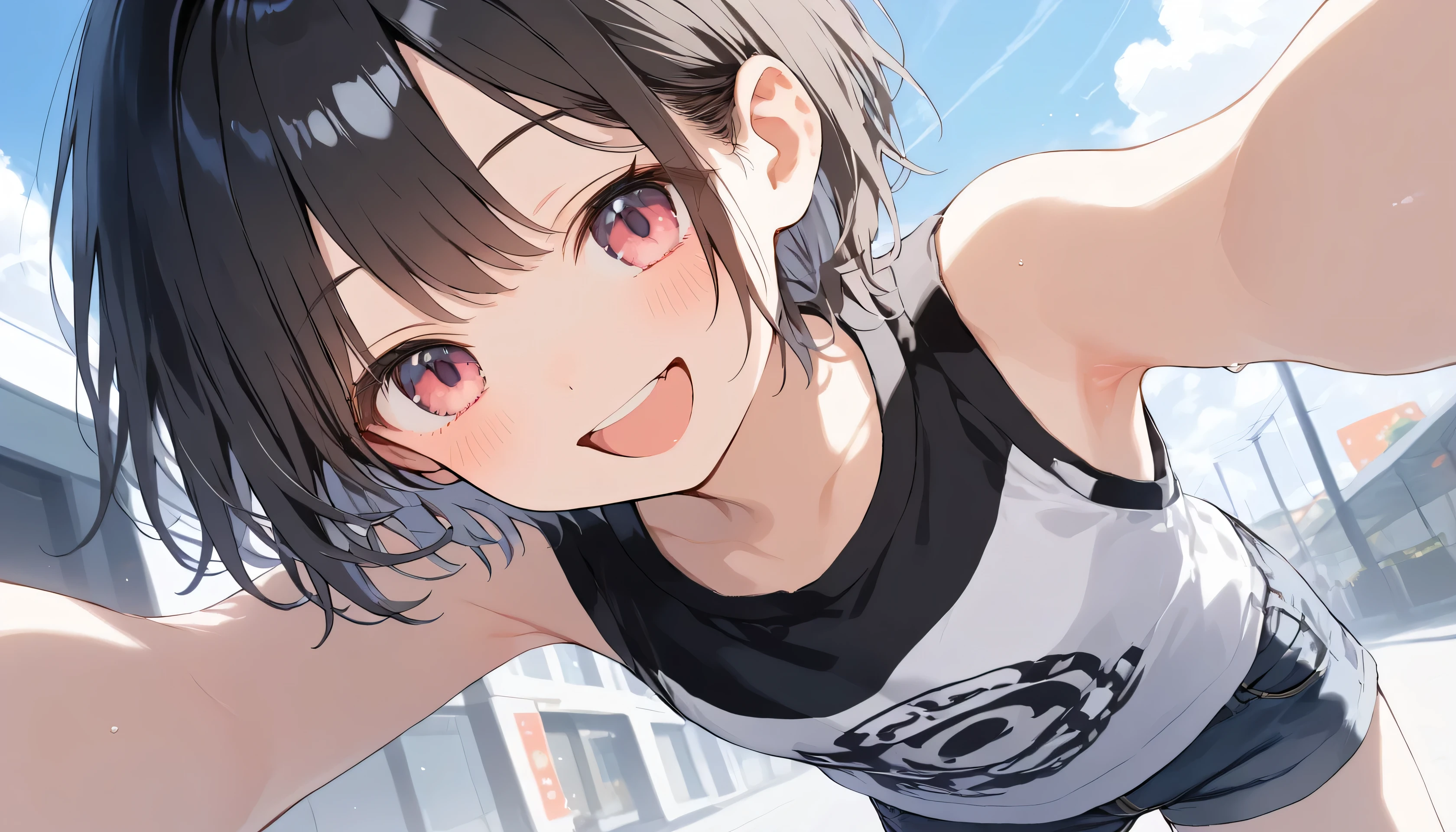 (best quality), (Super detailed), (Best Illustration Award), (masterpiece), Fraction_9, Fraction_8_Direction_7_up, (4K), (Not suitable for working hours), (1 female), Completely naked, Large breasts, {Brown hair, (temple), (Bob Cut:1.3), curls, Hair between the eyes, Colored undercoat}, {(Delicate eyes), heart-shaped pupils, blue eyes}, Open your mouth, Awkward, Red and swollen nose, earrings, Sweat,full-body shot,Short shorts