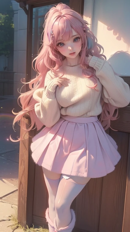 detailed face, cute face, masterpiece, highest quality, Super detailed, figure, Wide-angle, A girl is standing in the middle of the road, alone, The road in the middle and pink cherry blossom trees on the roadside, whole body, 20th Generation, Pink Hair, sweater, Short skirt, fashion,, composition, balance, Harmony, rhythm, color, Light, Shadow, reflection, refraction, tone, Contrast, prospect, Middle Way, background, Naturalistic, Figurative, Expressive.