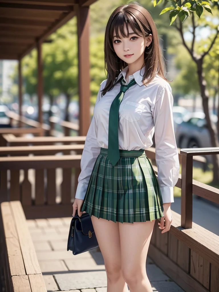 Woman posing on school ground、top-quality、 1 a person、middlebreasts、tag、with light glowing、blur backgroun、bokeh dof、outside of house、(Story System:0.8)、(a person々、Large crowds:1、A slender、large full breasts、hi-school girl、Clothes that adhere perfectly to the body、White collared shirt、shortsleeves、(Pleated skirt with dark green check)、Red mini skirt、Bery short hair、Forehead:0.8)、Beautiful sky with details、耳Nipple Ring、A slender、Sareme、 (above knee)、Soft lighting、the wind、glowy skin、A smile、The wind is blowing、thighs thighs thighs thighs、Absolute area、knee high socks