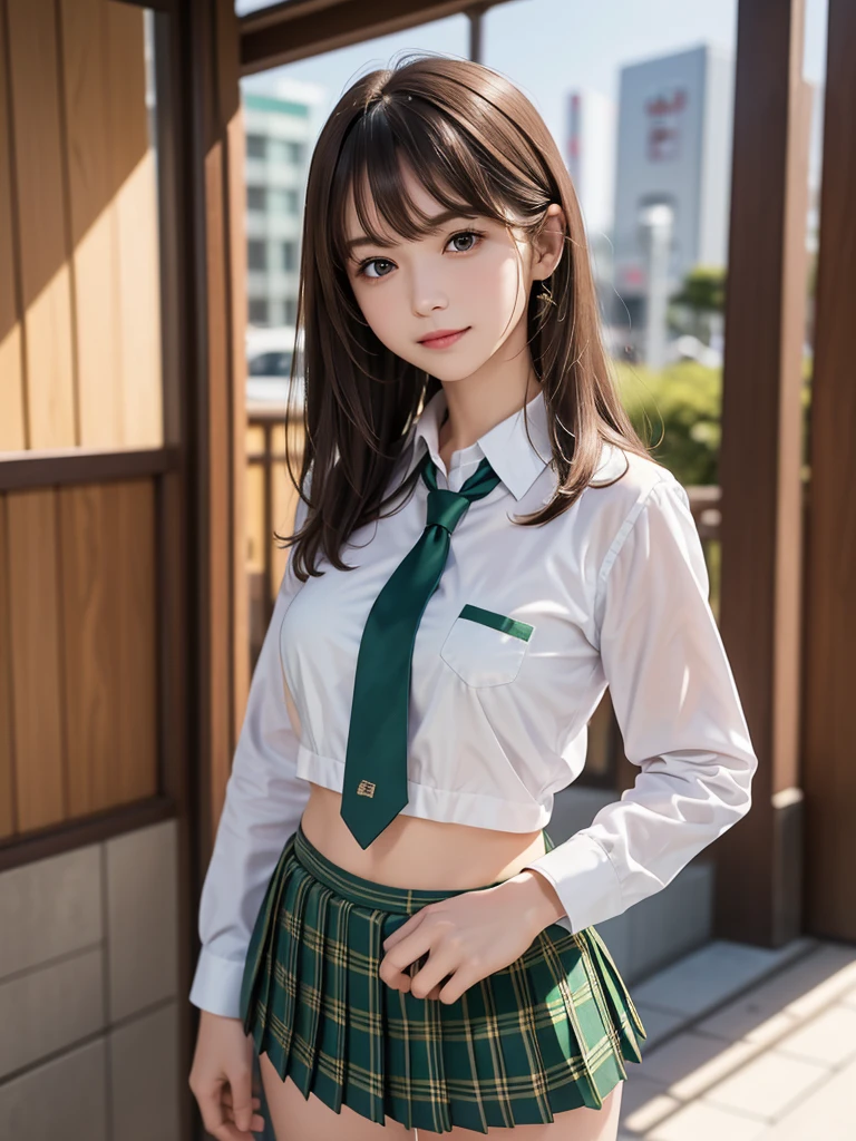 masterpiece, best quality, highres, bbyorf, short hair with long locks, white hairband, red eyes, gold earrings, large breasts, office lady, white shirt, collared shirt, green vest, long sleeves, green skirt,
