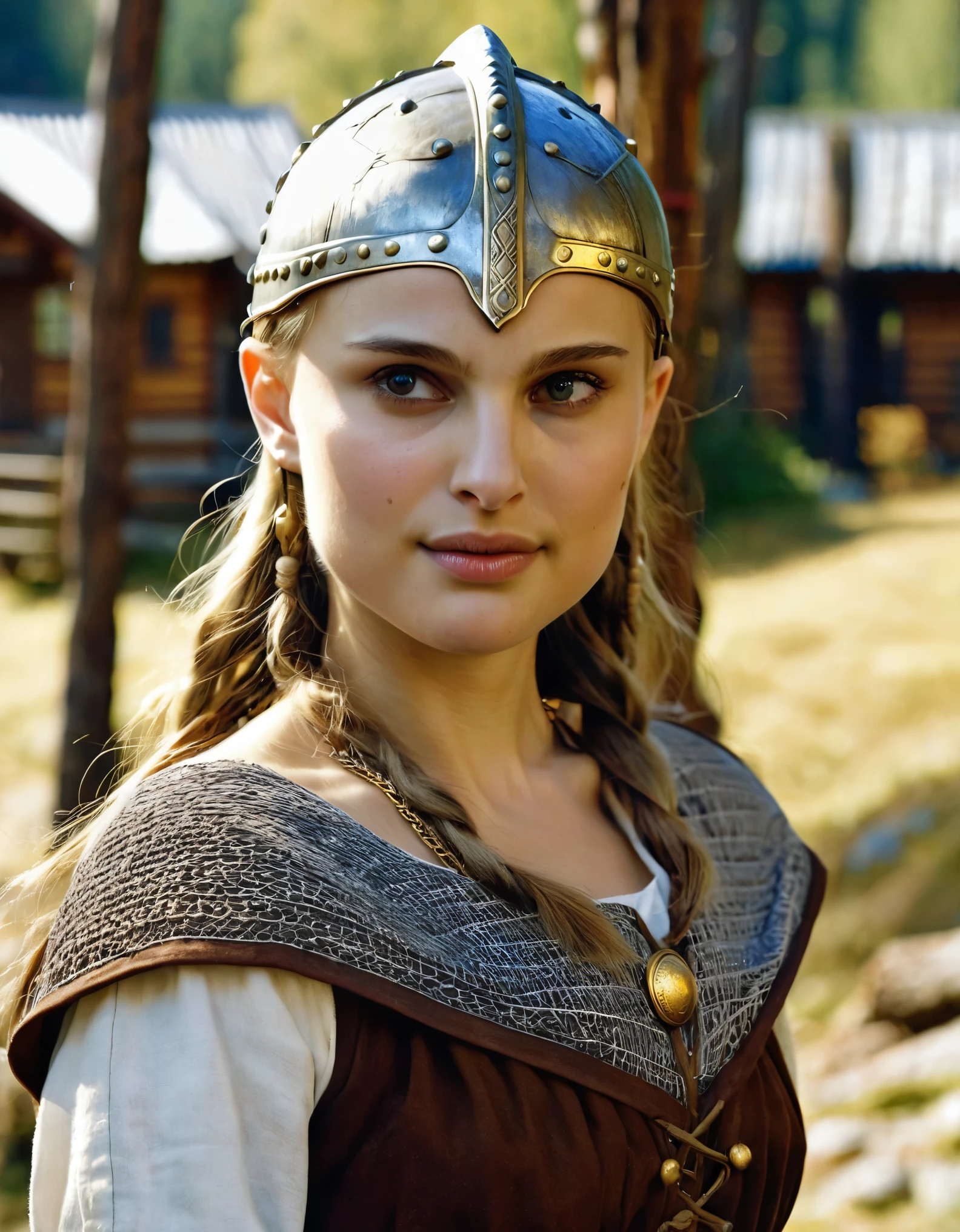 Side view, Viking girl,12 century,  looking at viewer, Sweden Young girl, beautiful female, Natalie Portman, (Highly detailed face, Ordinary eyes, Blue  eye,  gold hair, Variegated eyes, Fuller lips, little Lips, little smile), (Middle breasts, Slender Whist, Middle Hip) ,(Viking costume, clothes, Viking helmet), standing pose, near log house, evening, (masterpiece, highest quality, High resolution, Photo realistic, sharp, RAW Photos, wallpaper, perfection, Professional Lighting, Very detailed)