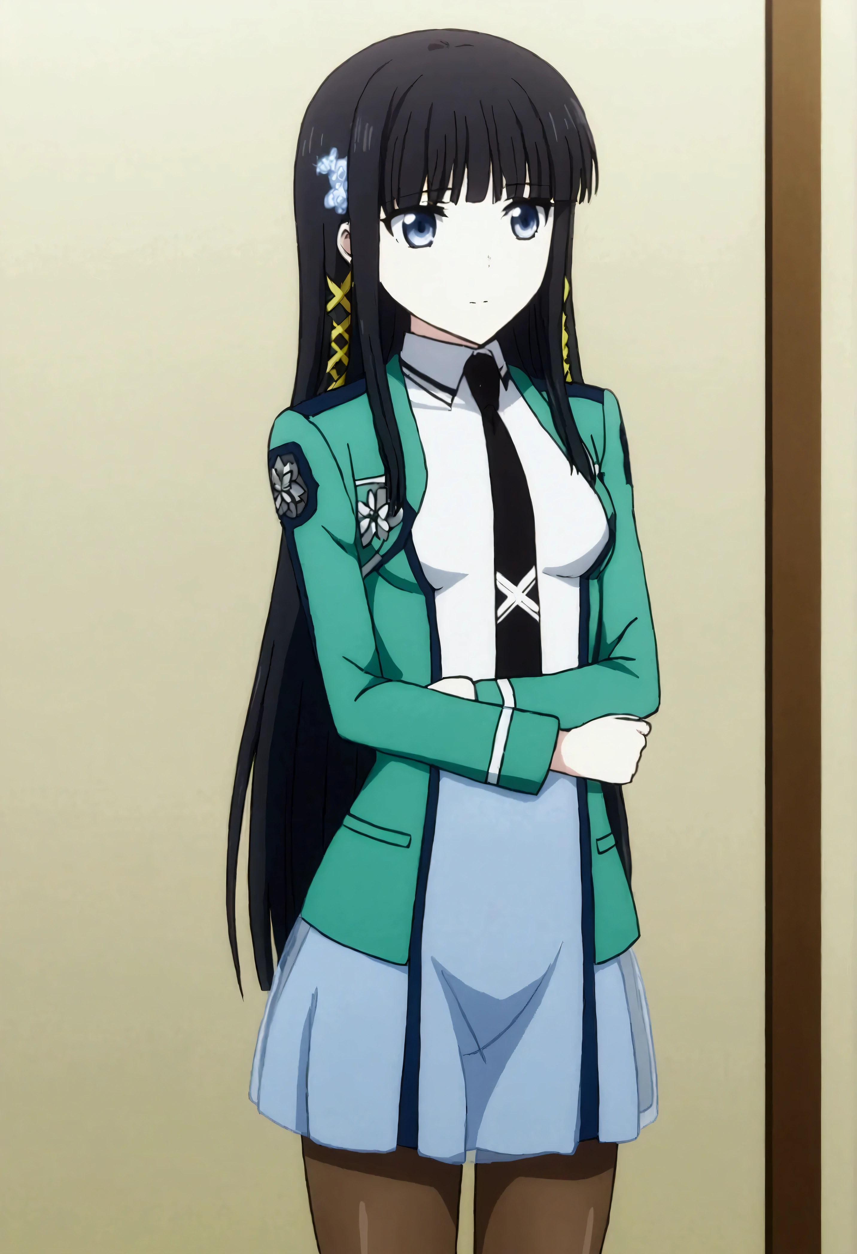 NSFW,masterpiece,Best Quality,High resolution,Very detailed,Shiba Miyuki\(The Irregular at Magic High School\),Long Hair、blue eyes、Black Hair、Hair accessories、ribbon、ヘアribbon、雪の結晶のHair accessories、bangs、鈍いbangs、Long sleeve、dress、uniform、pantyhose、tie、白いdress、黒いtie