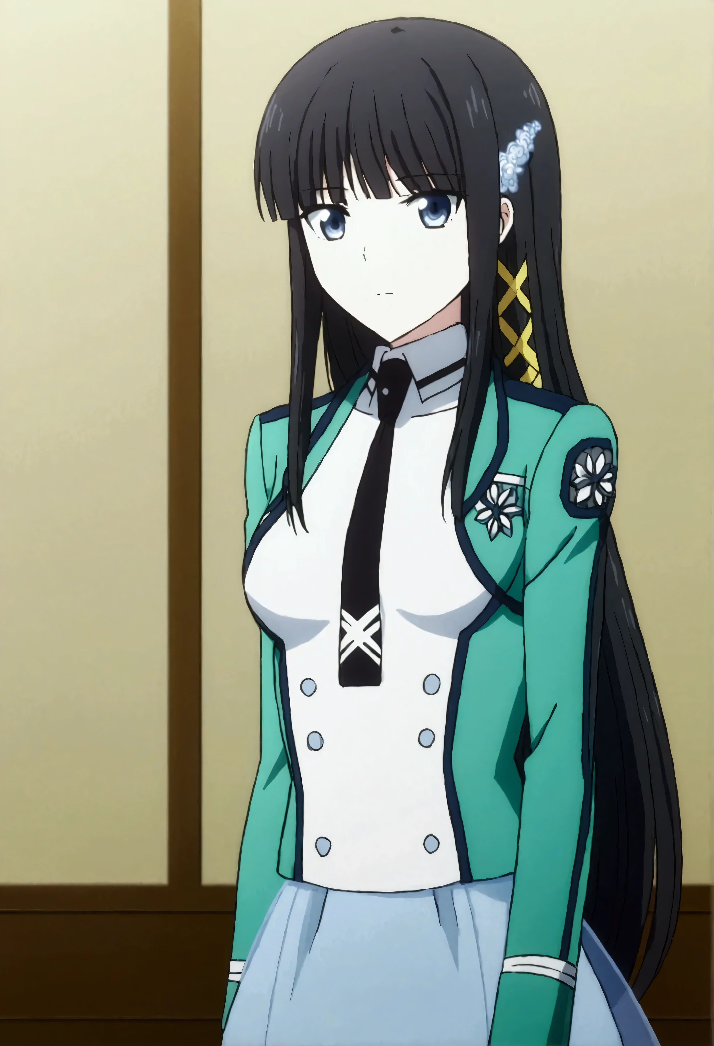 NSFW,masterpiece,Best Quality,High resolution,Very detailed,Shiba Miyuki\(The Irregular at Magic High School\),Long Hair、blue eyes、Black Hair、Hair accessories、ribbon、ヘアribbon、雪の結晶のHair accessories、bangs、鈍いbangs、Long sleeve、dress、uniform、pantyhose、tie、白いdress、黒いtie