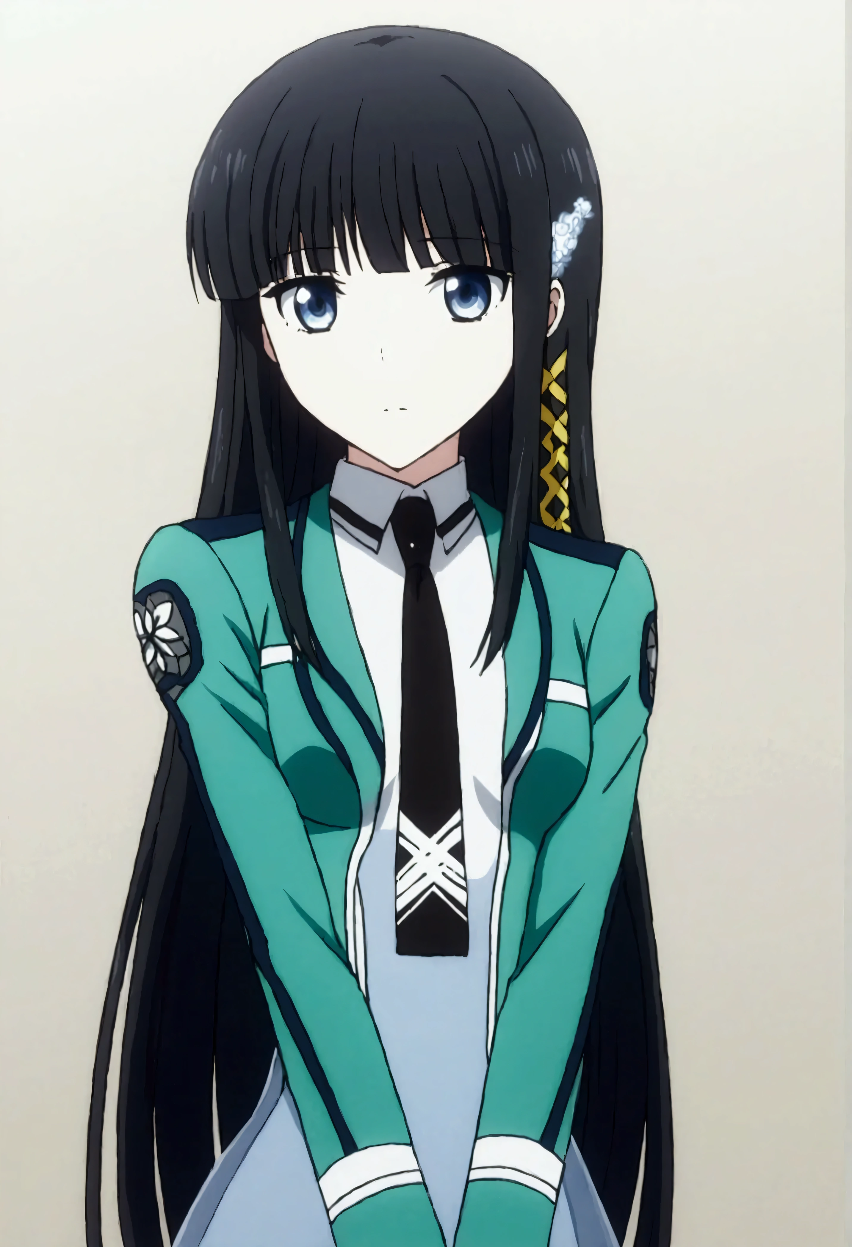 NSFW,masterpiece,Best Quality,High resolution,Very detailed,Shiba Miyuki\(The Irregular at Magic High School\),Long Hair、blue eyes、Black Hair、Hair accessories、ribbon、ヘアribbon、雪の結晶のHair accessories、bangs、鈍いbangs、Long sleeve、dress、uniform、pantyhose、tie、白いdress、黒いtie