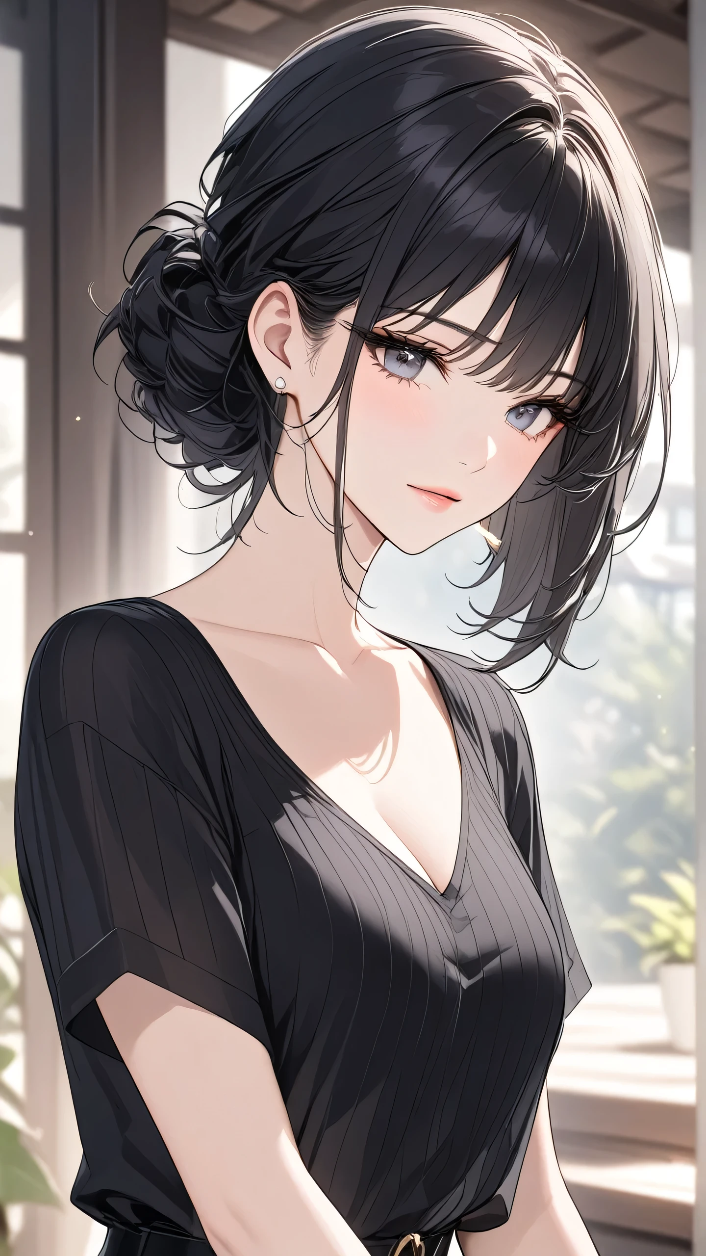 (Top resolution、Distinct_image)top-quality、FEMALES、​masterpiece、ighly detailed、Semi-realistic、Black short hair、Dark hair、grey  eyes、bangss、25-years old、Mature、young、Exquisite facial features、Facial features,closing eye