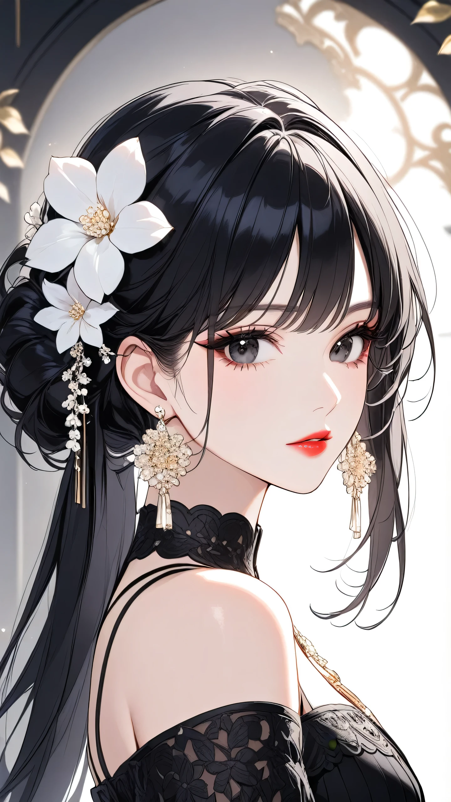 1girl,flower,solo,jewelry,hair ornament,earrings,black hair,hair flower,red lips,looking at viewer,upper body,from side,white flower,black eyes,parted lips,