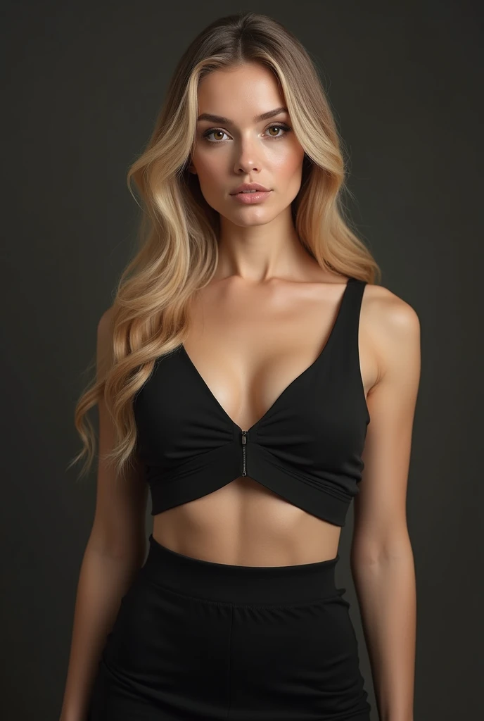a very realistic and detailed photo of beautiful swiss woman l,  tight black skirt,large cleavage perfect makeup, long sleek straight blonde hair, high quality, photorealistic, 8k, luxury, elegant, sophisticated, confident, studio lighting, cinematic, piercing eyes, full lips, olive skin 