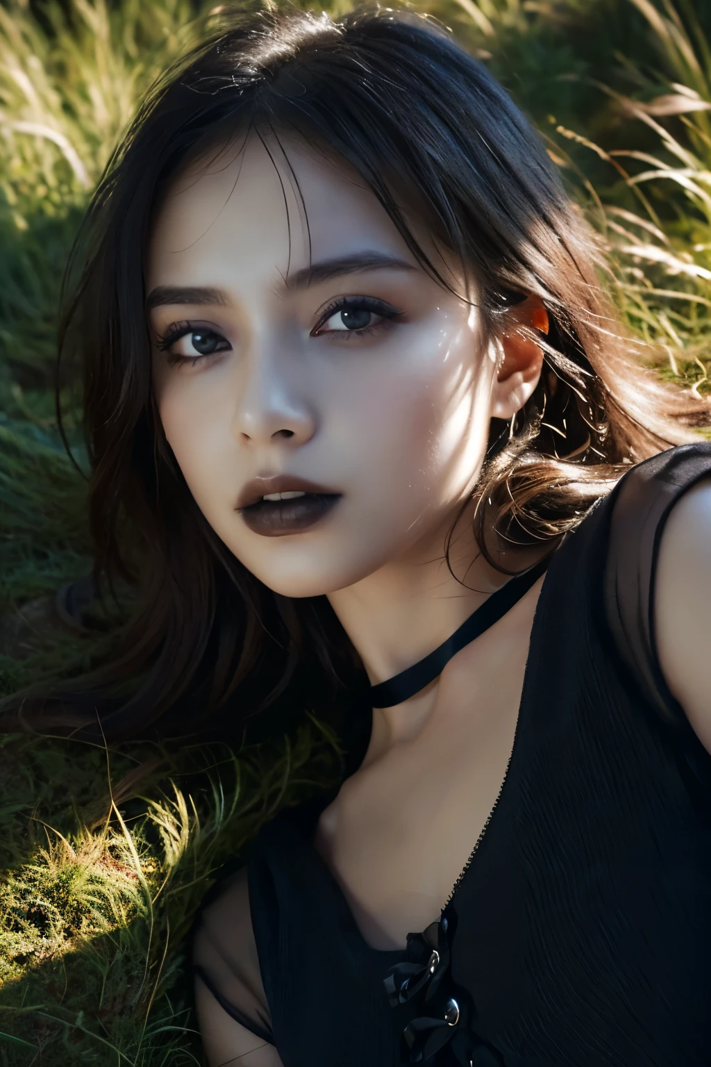 1 girl, (She is wearing a gothic black dress.:1.2), Very beautiful Japanese idol portraits, (RAW Photo Best Quality), (Realistic, Realistic:1.4), (masterpiece:1.4), 
Very delicate and beautiful, Very detailed, 2k wallpaper, wonderful, finely, Very detailed CG Unity 8K wallpaper, Very detailed, High resolution, Soft Light, 
Beautiful detailed girl, Very detailed目と顔, Beautiful and elegant nose Beautiful and beautiful eyes, Cinema Lighting, 
(Lying in the wilderness:1.3), (night), (Dark screen:1.5), (Desolate landscape), (I am so lonely),
(Medium Hair), (Disheveled hair on the ground), (Lying face up on the ground:1.5), (field), (Upper Body),
Perfect Anatomy, Slender body, Small breasts