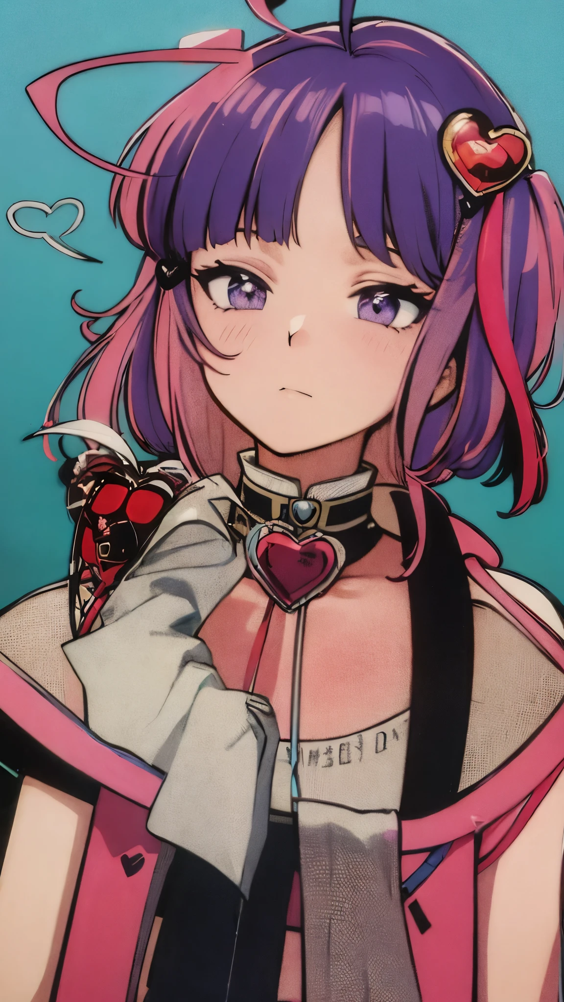 retro artstyle ironmouse, ahoge, medium hair, multicolored hair, pink hair, (purple eyes:1.1), purple hair, sidelocks, streaked hair, swept bangs, two side up, two-tone hair, hair ornament, heart, heart ahoge, heart hair ornament,