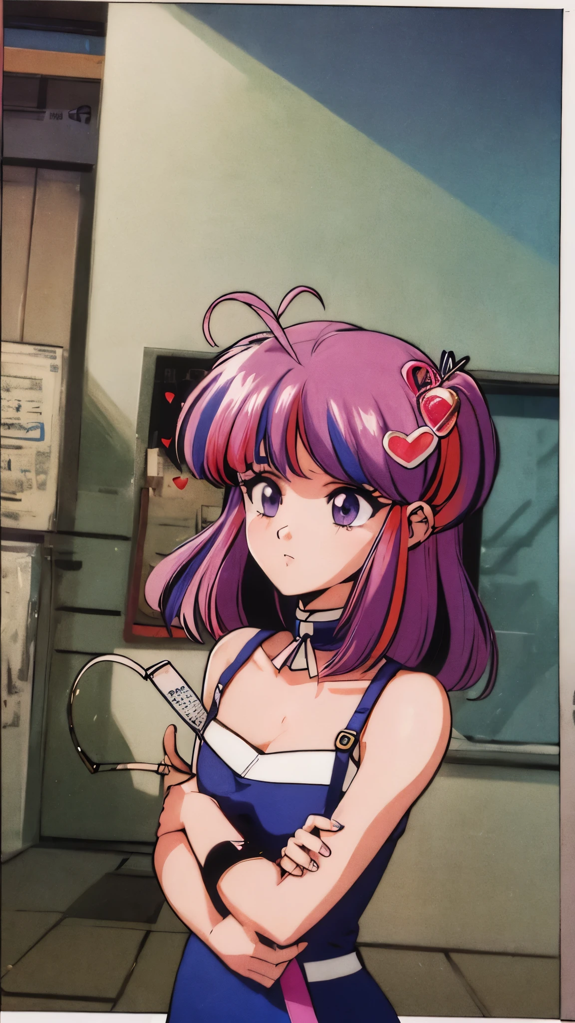 retro artstyle ironmouse, ahoge, medium hair, multicolored hair, pink hair, (purple eyes:1.1), purple hair, sidelocks, streaked hair, swept bangs, two side up, two-tone hair, hair ornament, heart, heart ahoge, heart hair ornament,