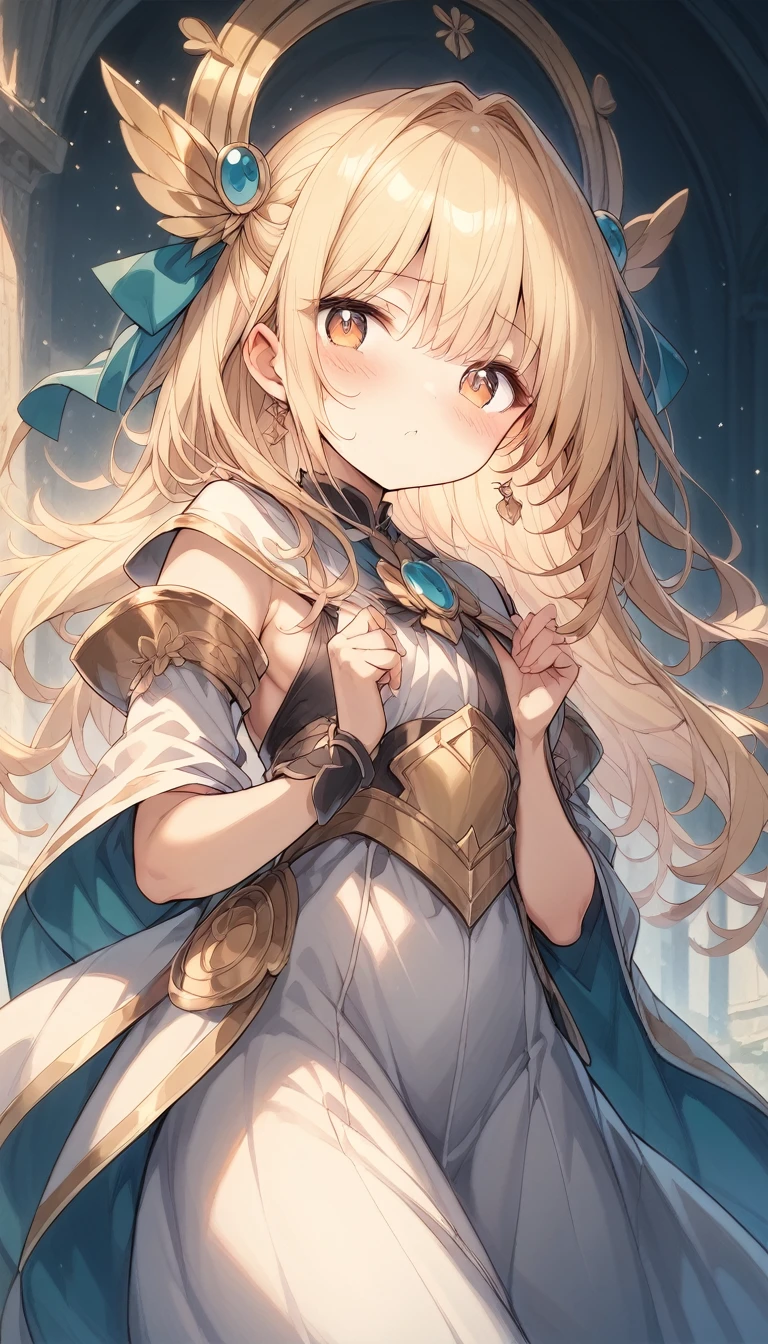 (blonde:1.2),(long hair with curls:1.25),(No bangs:1.25),(A crystal-like clear round gem in the middle of the forehead:1.3),(light pink and blue eyes:1.3),(clergyman:1.3),(White, light blue, blue, and navy blue monastic robes:1.3),(hat with a veil:1.25),(blush:1.2),(small breasts:1.65),(close up of face:1.2),(Front perspective:1.5),(A sphere like a crystal ball:1.45),(Luxury gold-framed arcana card motif:1.6),(Smile slightly:1.3),(close up of face:1.1),(NSFW:1.2)