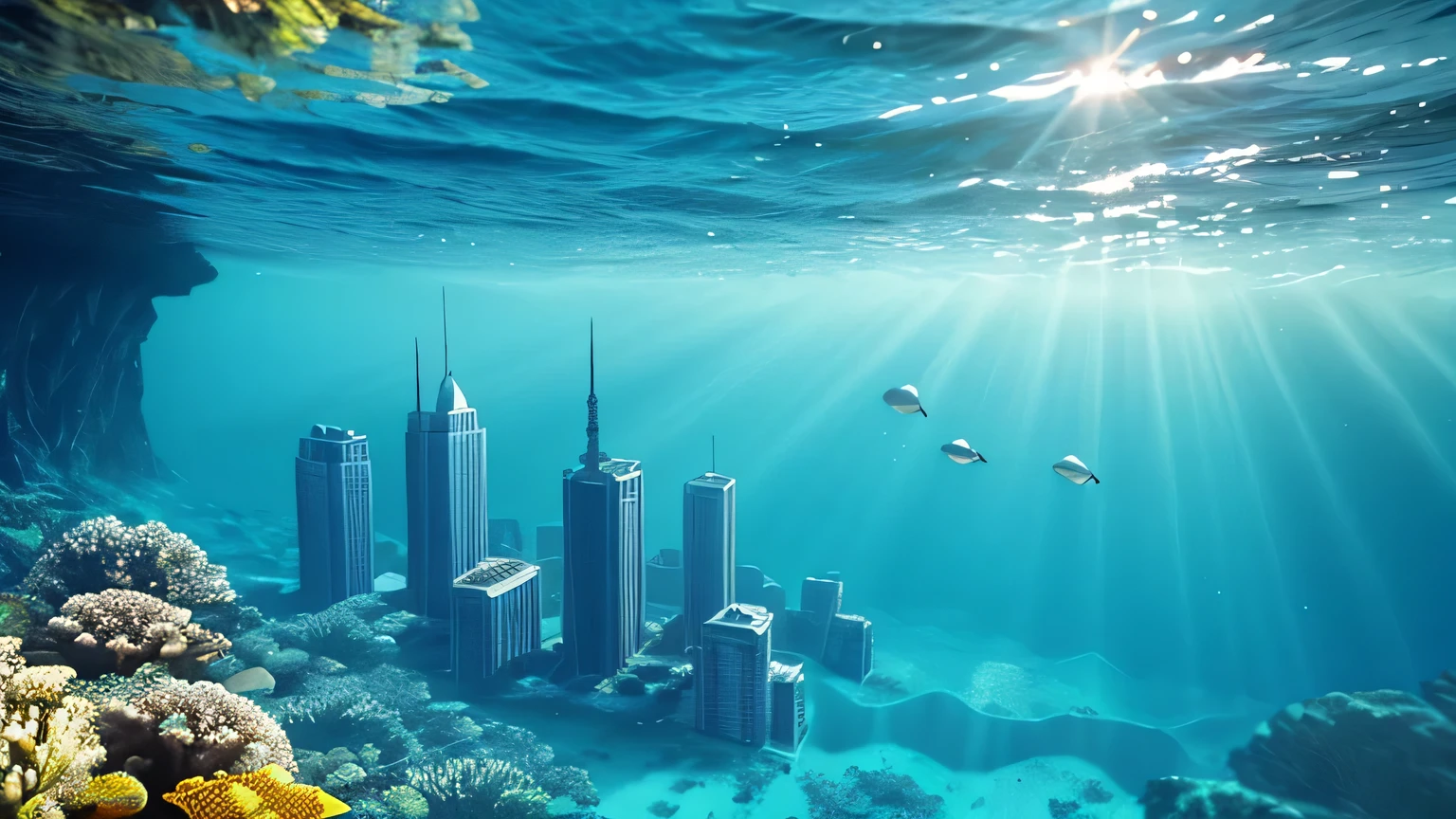 Skyscrapers, Sinking into the sea, Building from the bottom of the sea, Underwater Building, flood, Fish swimming, Underwater view