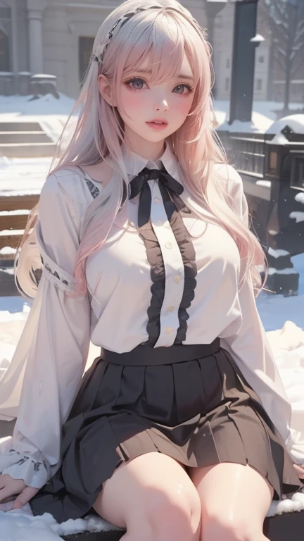 1個Giant Breast Girl, black skirt, branch, buliding, chain-link fence, Sakura NS, fence, long white hair, Outdoor sports, petal, pleated skirt, rain, shirt, short sleeves, skirt, alone, Everlasting, that tree,
sky sky,sthat treet