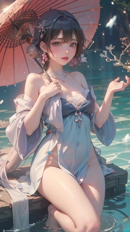 Correct human anatomy,Milky white skin,Naked underage girl,Floral ribbon hair ornament,Large breasts,Short upper body,delicate hand,small thighs,Beautiful leg stockings,Open your legs,Female genitalia are visible,Pond moonshine,