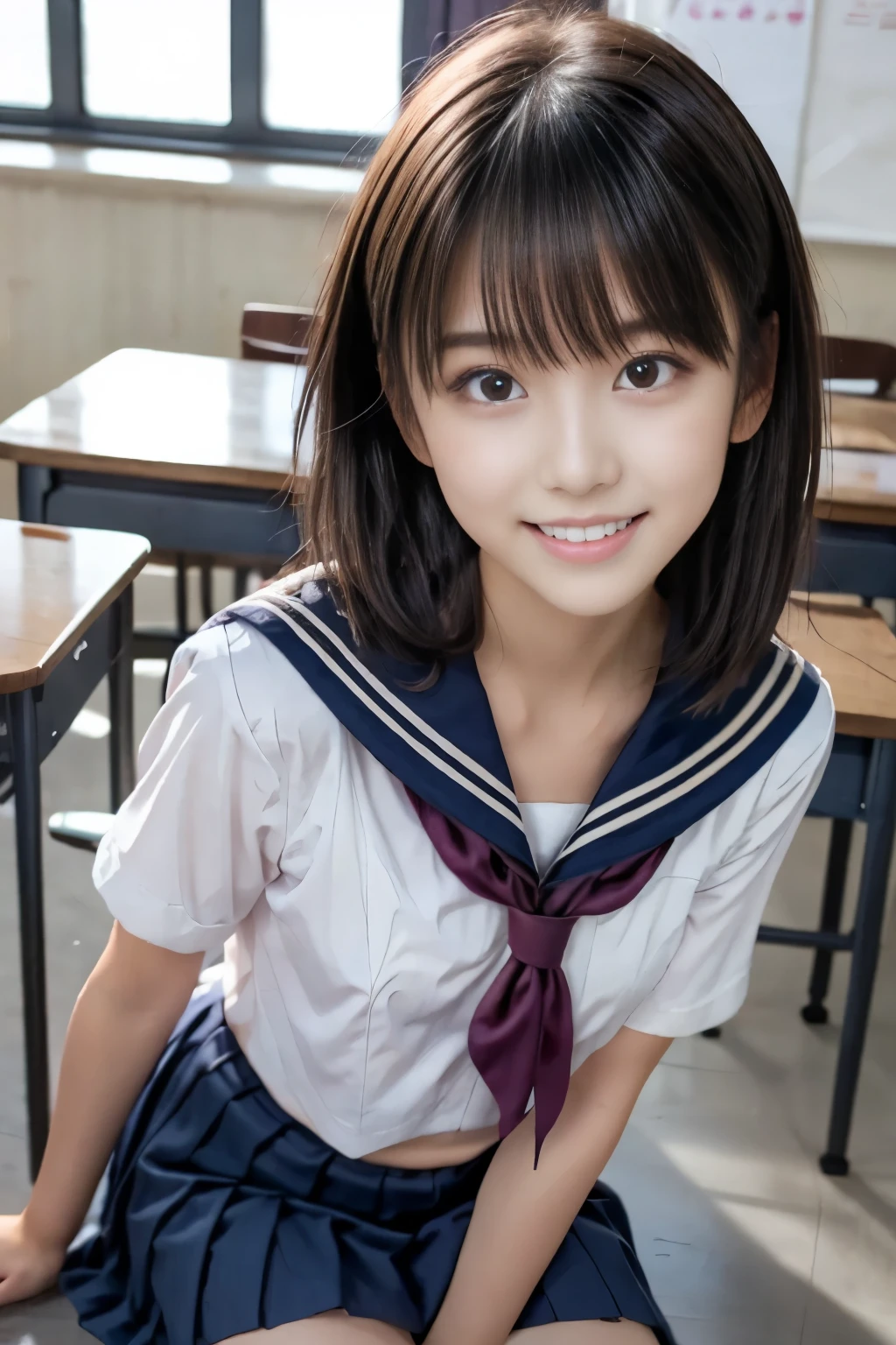 (nsfw:1.3), (masterpiece, Best Quality:1.2), One girl, Japanese 18yo, (High school girl, Baby Face), Beauty, Sexy appearance, (Super cute idol-like face), ((Small flat chest:1.2)),  Perfect Face, Perfect eyes with perfect symmetry,  Very detailed, Super practical, High resolution,  Happy expression, Slim figure,  Brown eyes,　(Sailor school uniform), (Navy Pleated Skirt), Beautiful legs, Black Hair、(Short Hair, Various hairstyles), With bangs, Standing in a school classroom, 