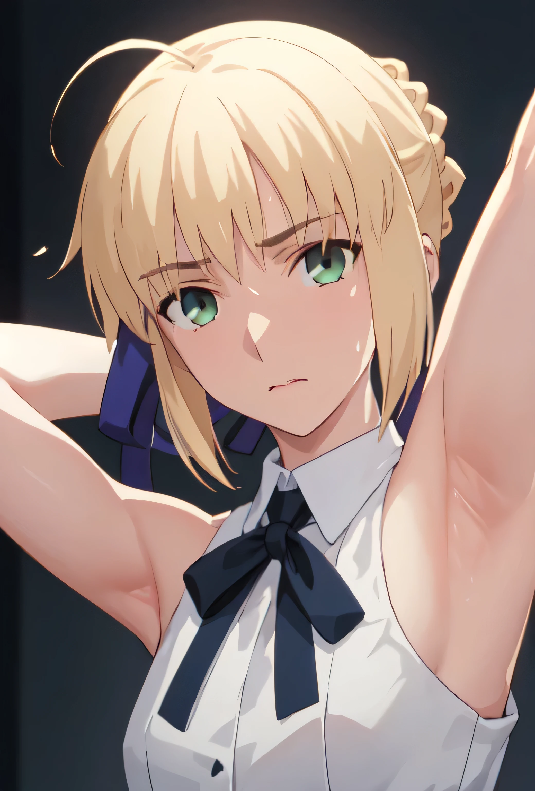 best quality, masterpiece, highres, solo, ((saber_fatestaynightufotable:1.10)), 1girl, white shirt, style parody, neck ribbon, anime coloring, upper body, looking at viewer, anime_style, 9 ,Armpit,cum on Armpit,penis,